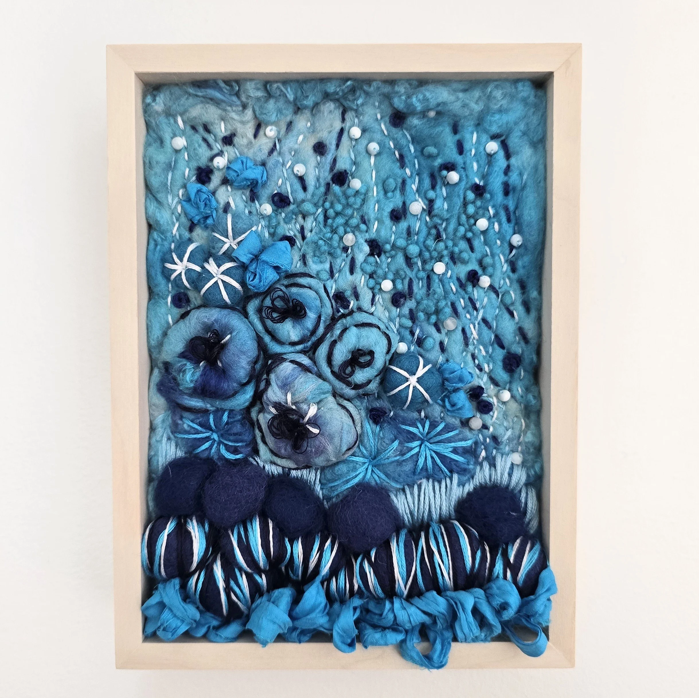 Blue In The Garden | Needle felted wool, silk, beading, & embroidery, solid birch frame with natural finish | 6" x 8" x 2" | $75 (CDN) - ON HOLD