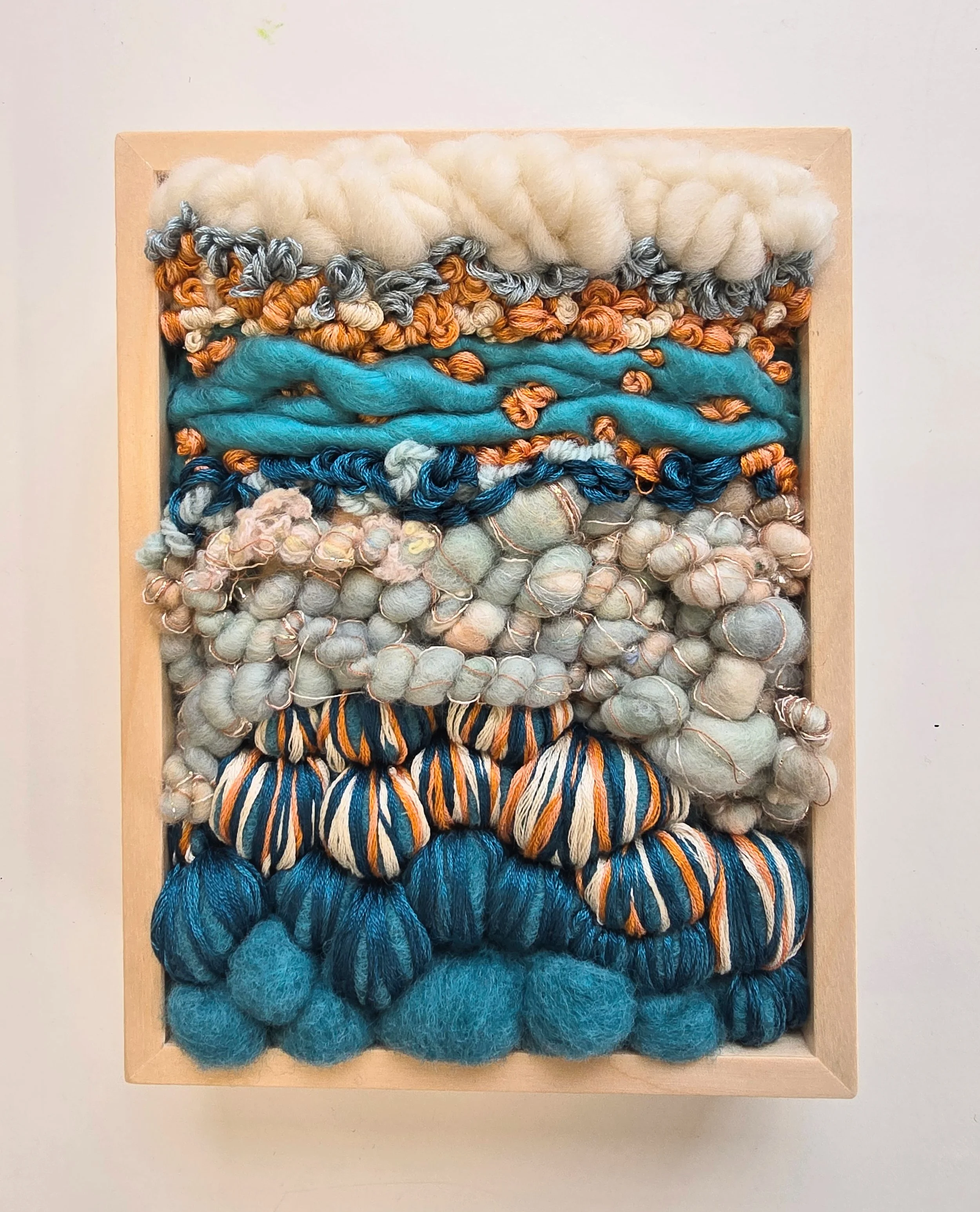 Burley Beach | Needle felted wool, handspun art yarn, wool roving, & embroidery in a solid birch frame with natural finish | 6” x 8” x 2” | 
$175
