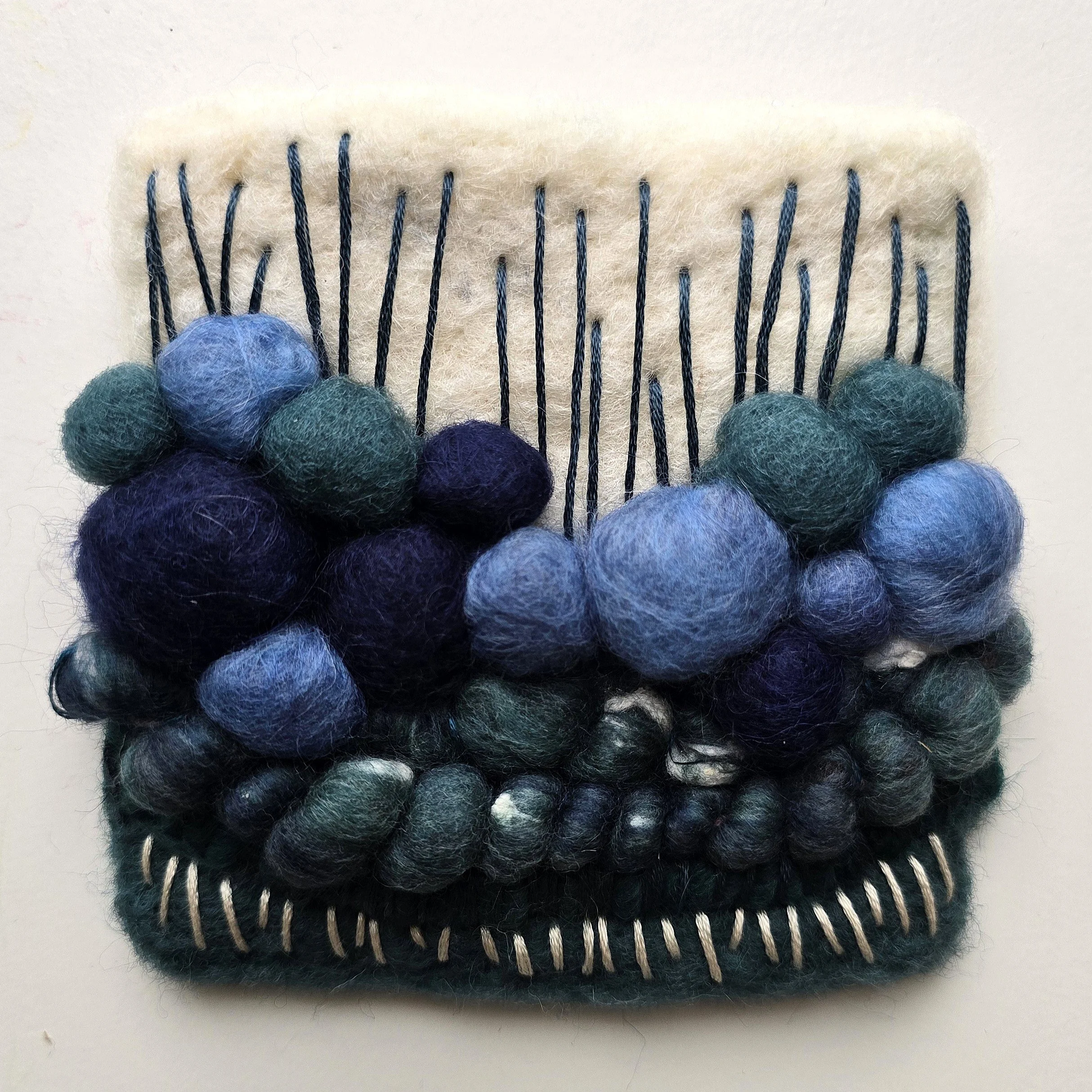 Bluestone III | Needle felted wool, hand-spun art yarn, & embroidery, mounted on board & ready to hang | 4" x 4" | $20 (CDN) - SOLD