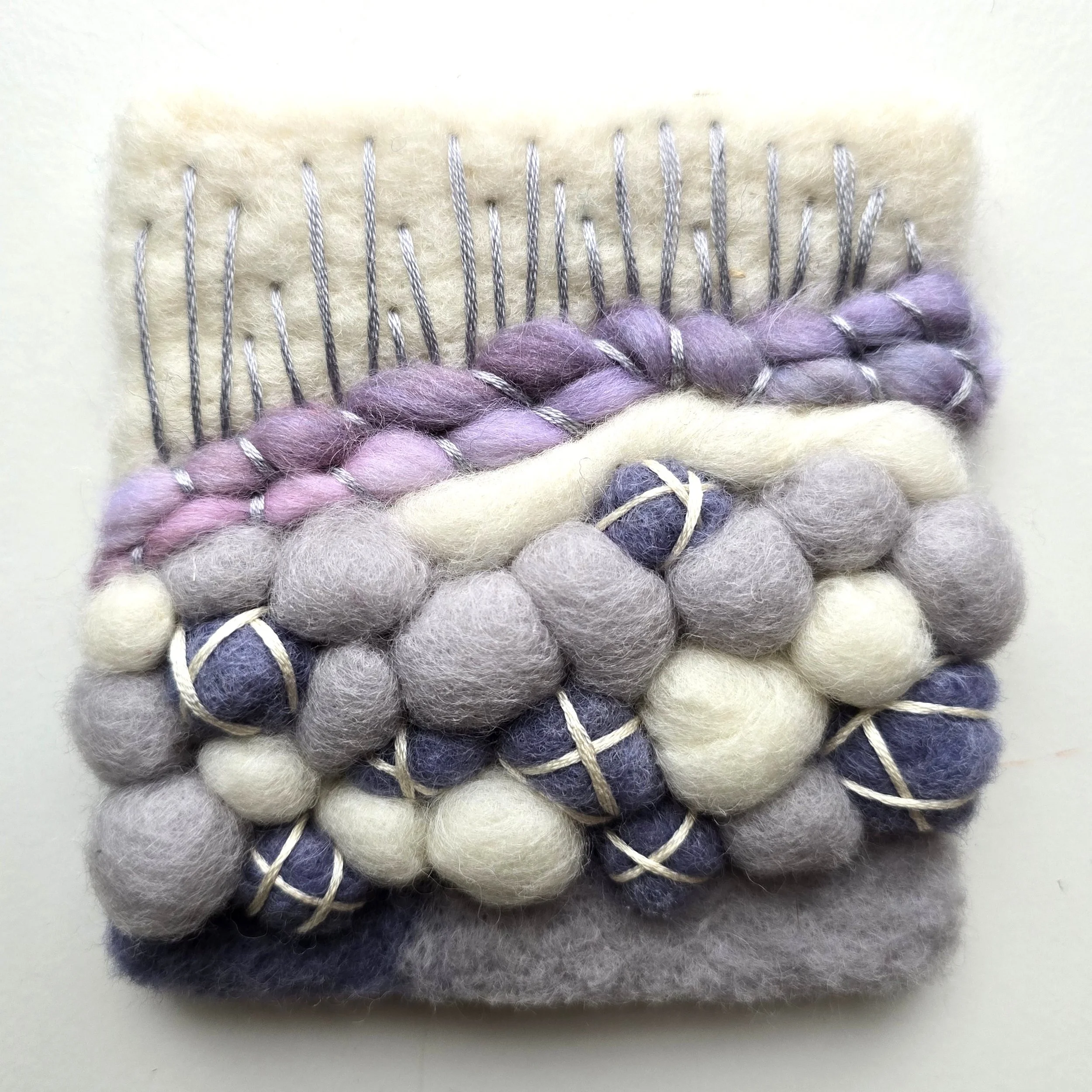 Lavender Fields III | Needle felted wool, hand-spun art yarn, & embroidery, mounted on board & ready to hang | 4" x 4" | $20 (CDN) - SOLD