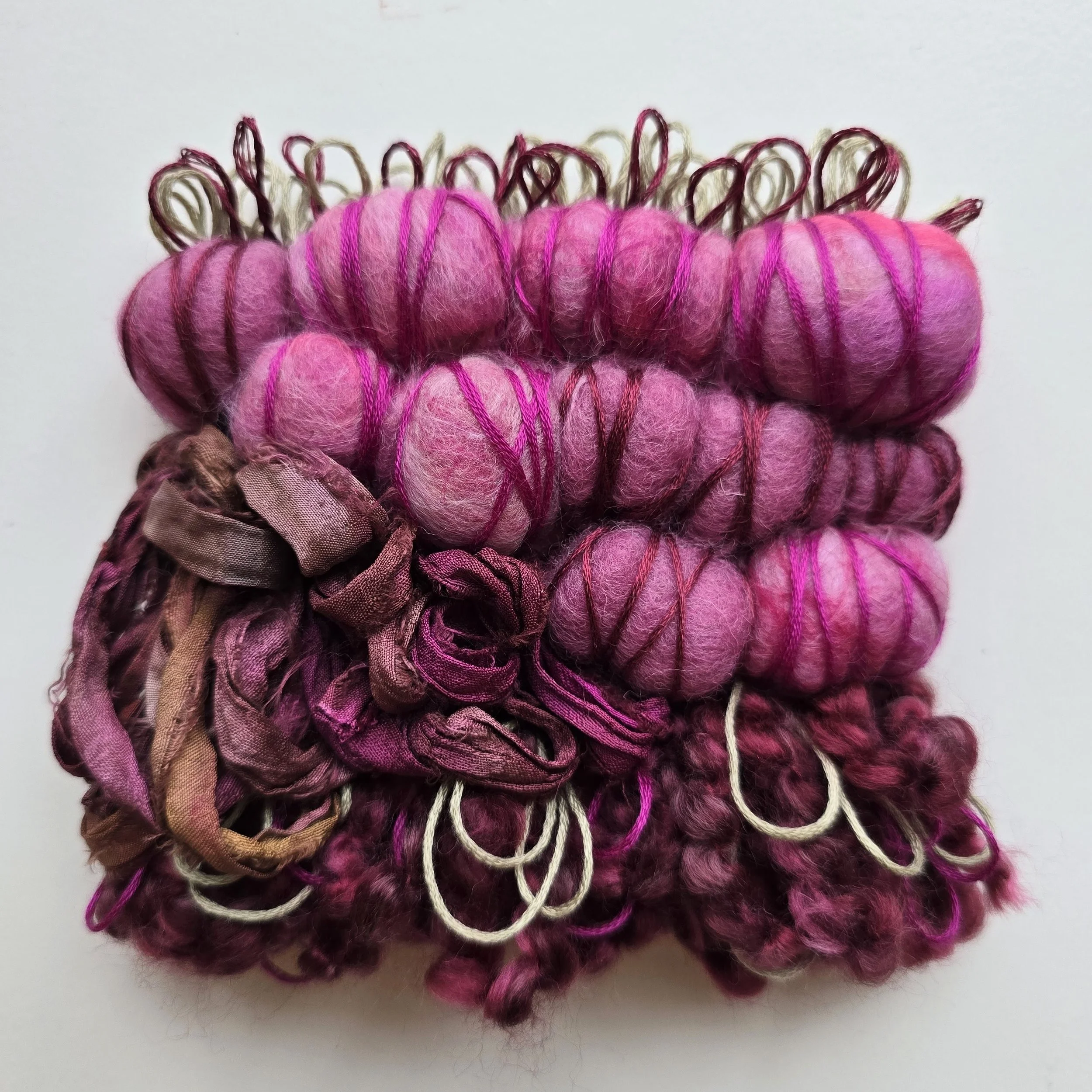Cherry Bombe | Needle felted wool, recycled sari silk, art yarn, & embroidery, mounted on board & ready to hang | 4" x 4" | $25 (CDN) - ON HOLD