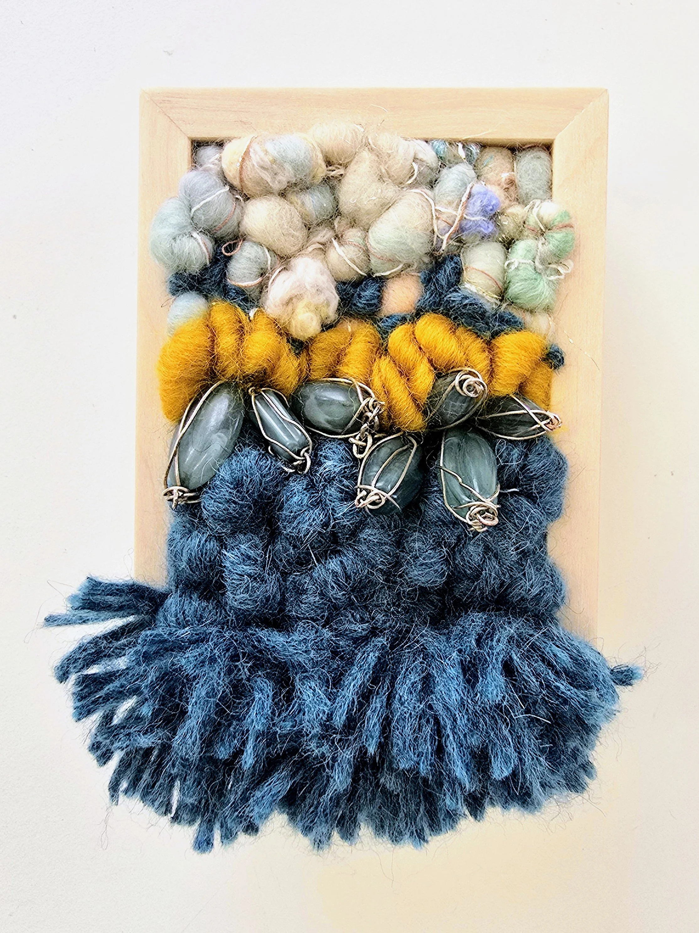 Mini 15 | Stitched mixed yarns, handspun art yarn, cotton thread, and wire wrapped beading in a solid birch frame with natural finish | 3" x 4" x 1.5" | $50