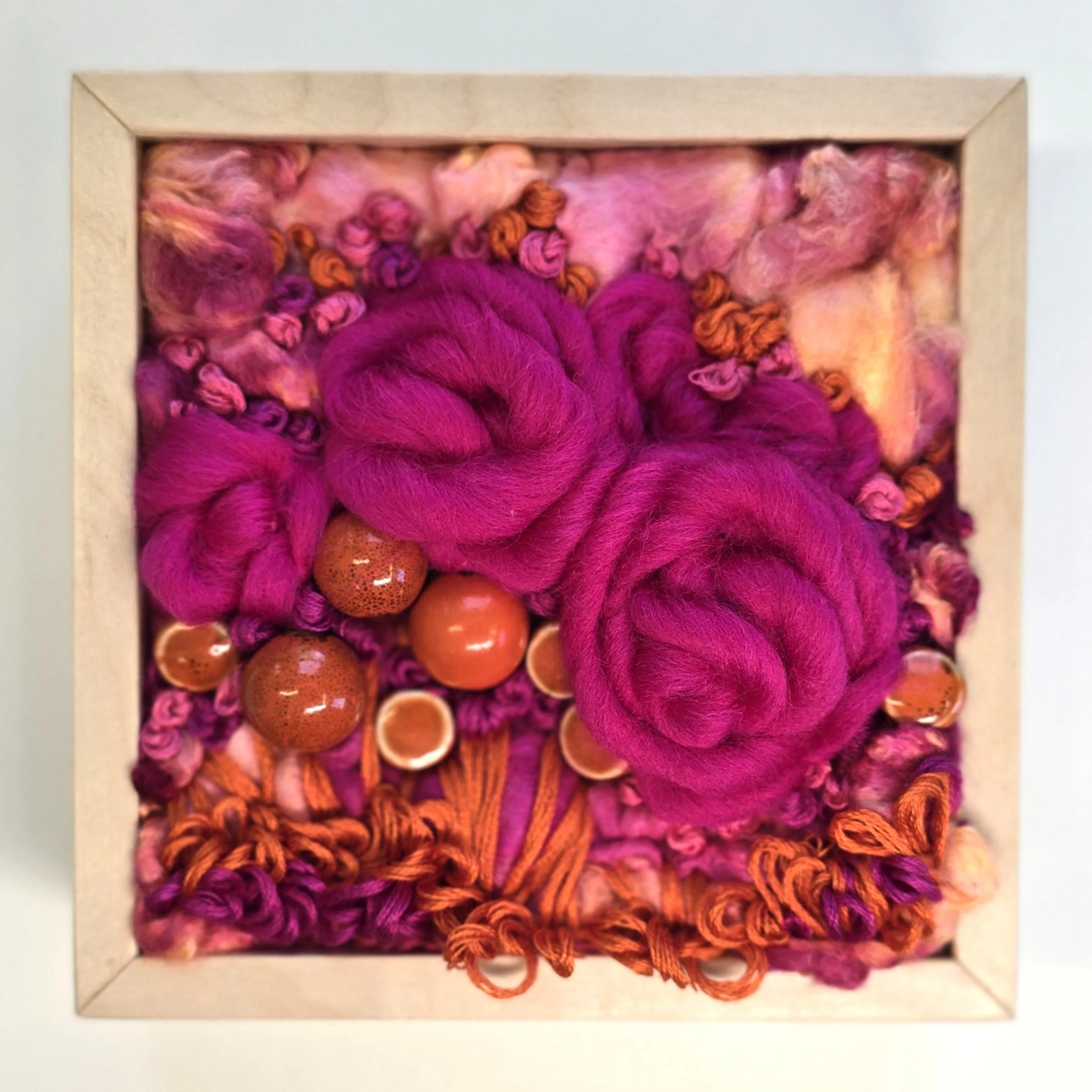 Silk Sheets & Roses | Silk hankies, handspun art yarn, stitching, & ceramic beads in a solid birch frame with natural finish | 5" x 5" x 2" | SOLD