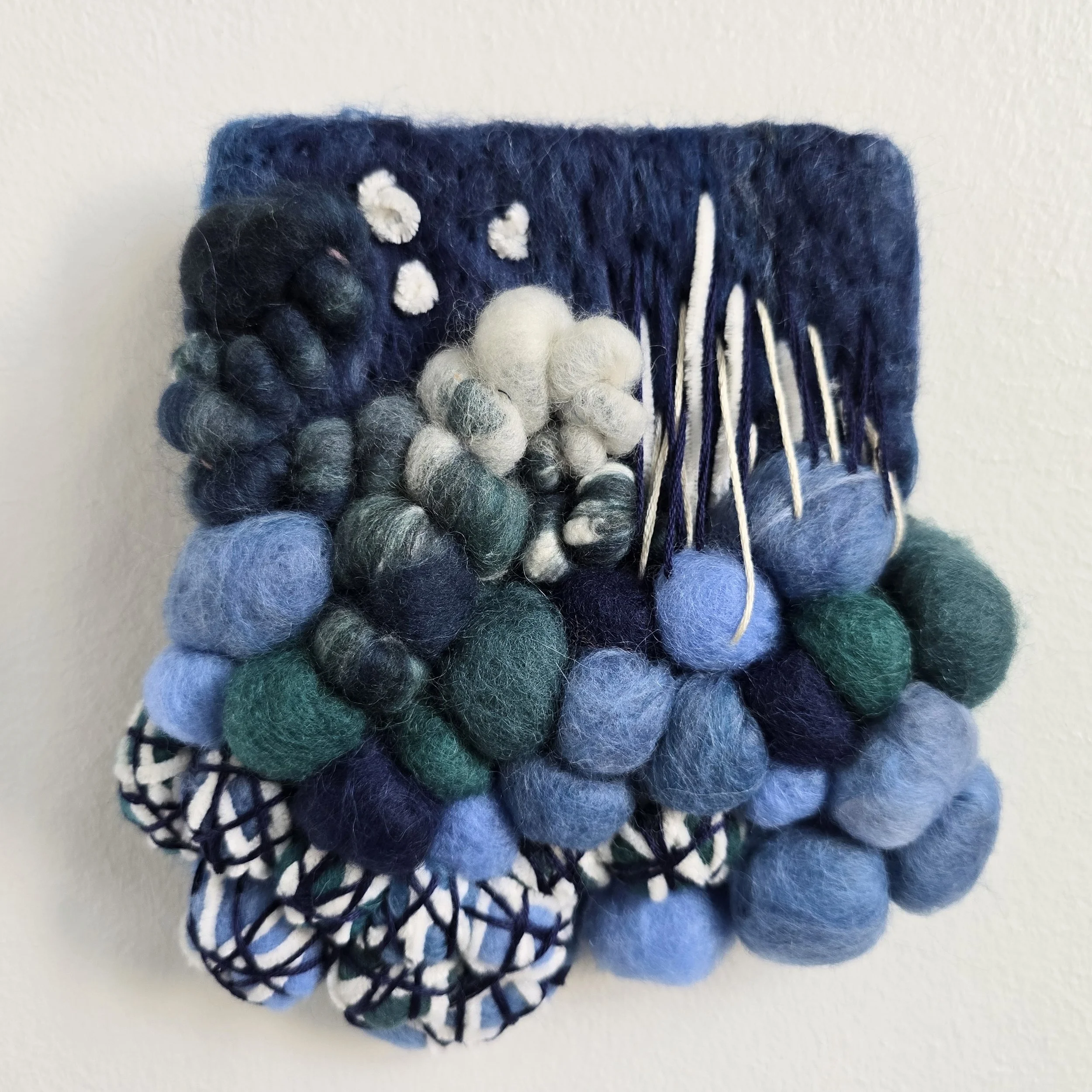 Moonlight IV | Needle felted wool, hand-spun art yarn, chenille, & embroidery, mounted on board & ready to hang | 5" x 5" | $35 (CDN) - SOLD