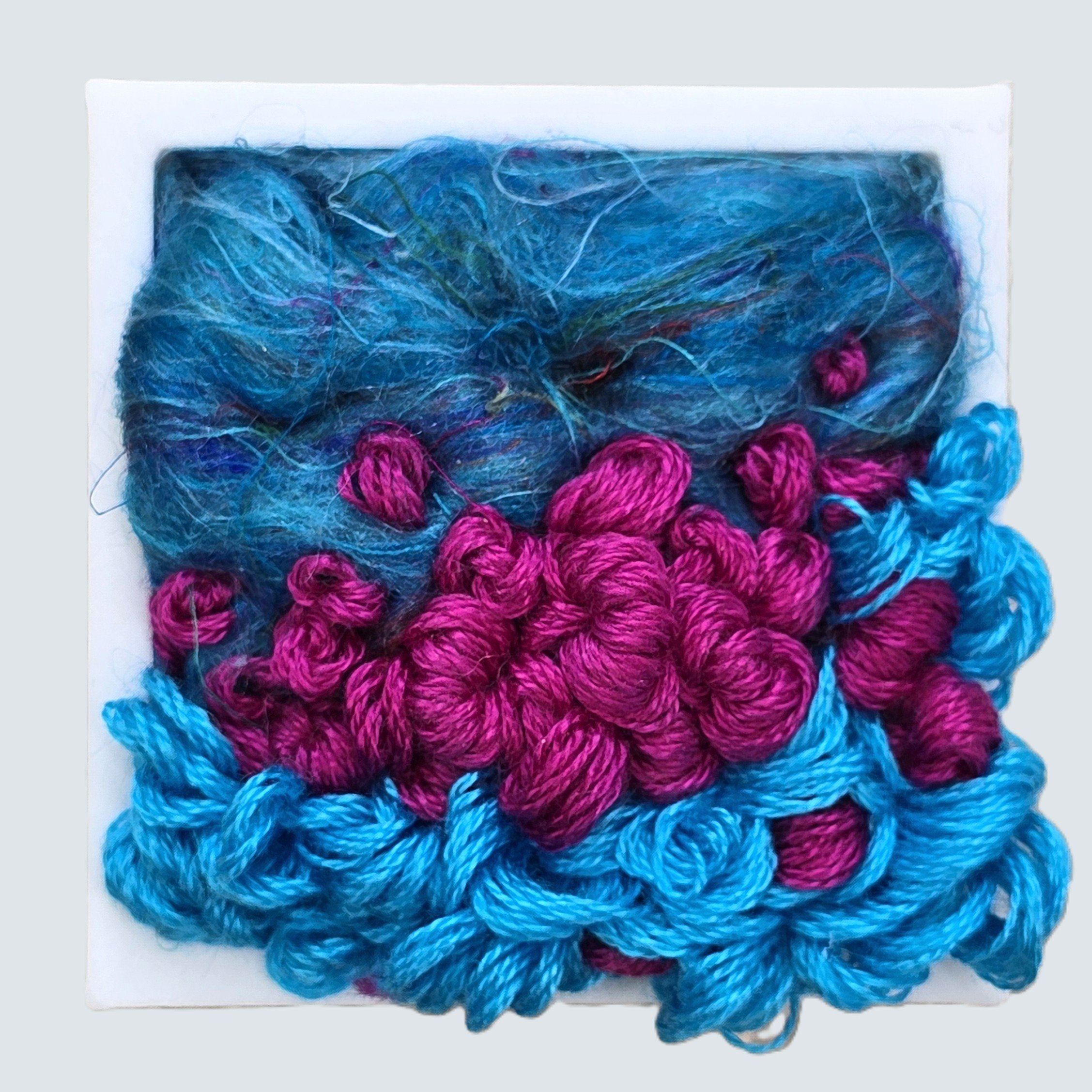 Mini 39 | Needle felted wool & stitching in a white composite frame, includes white plinth | 1.75" x 1.75" x 0.5" | $30