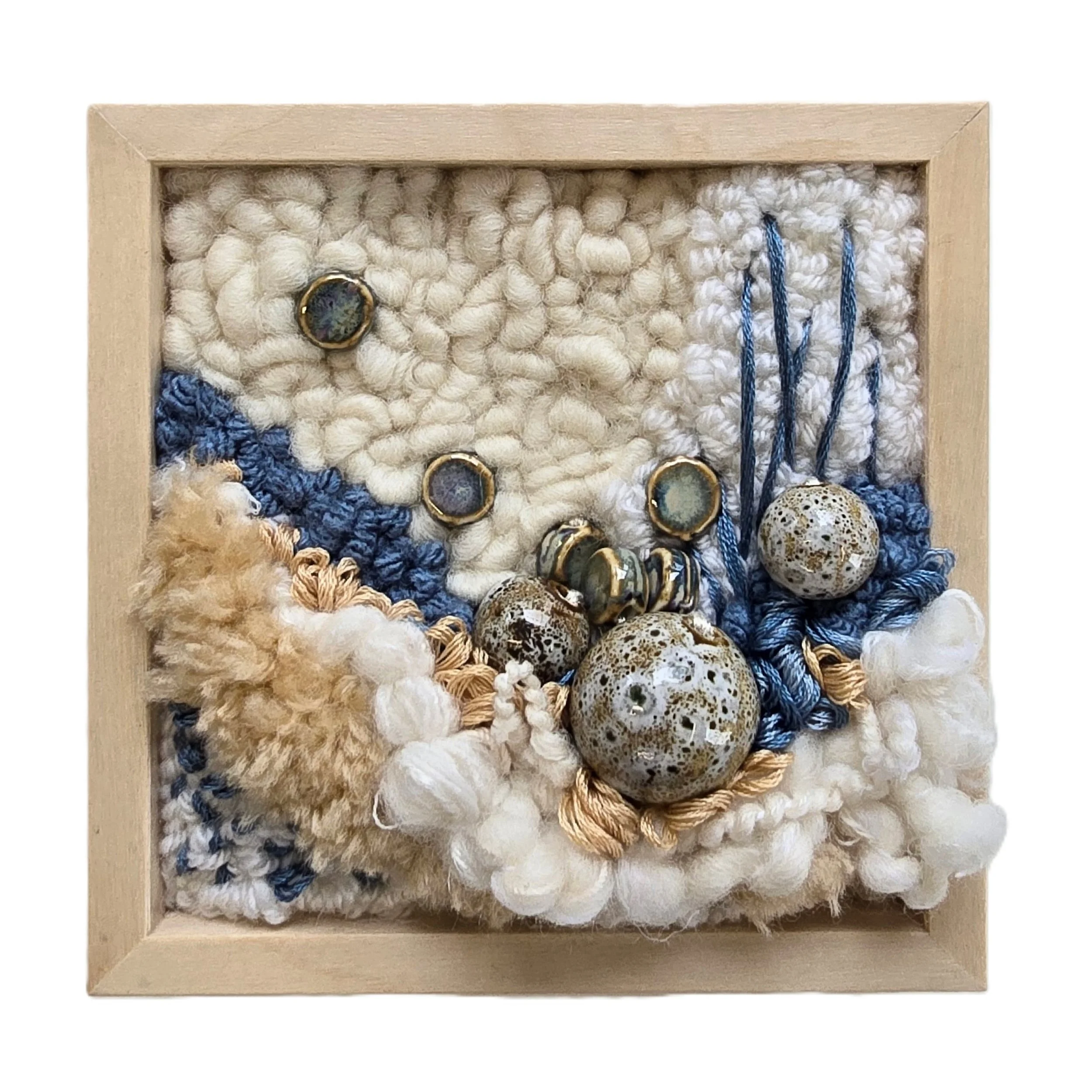 Sand Between Your Toes | Hooked wool, handspun art yarn, mixed yarns, stitching, & ceramic beads in a solid birch frame with natural finish | 5” x 5” x 2” | $125