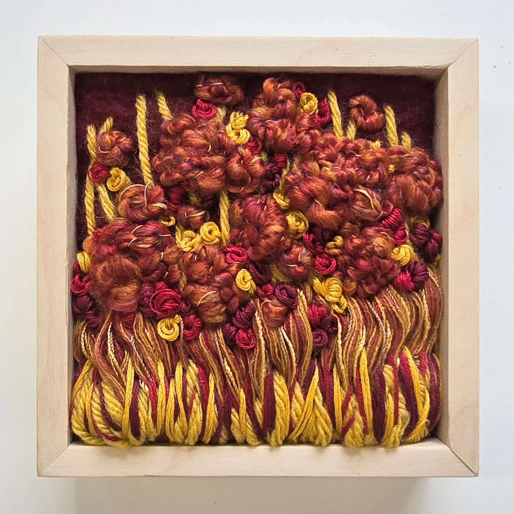 Golden Hour | Needle felted wool, mixed yarns, fabric trim, & stitching in a solid birch frame with natural finish | 5" x 5" x 2" | $125 (CDN) ***Available at Tiny Ass Art Gallery, St. Jacobs, Ontario in May 2026
