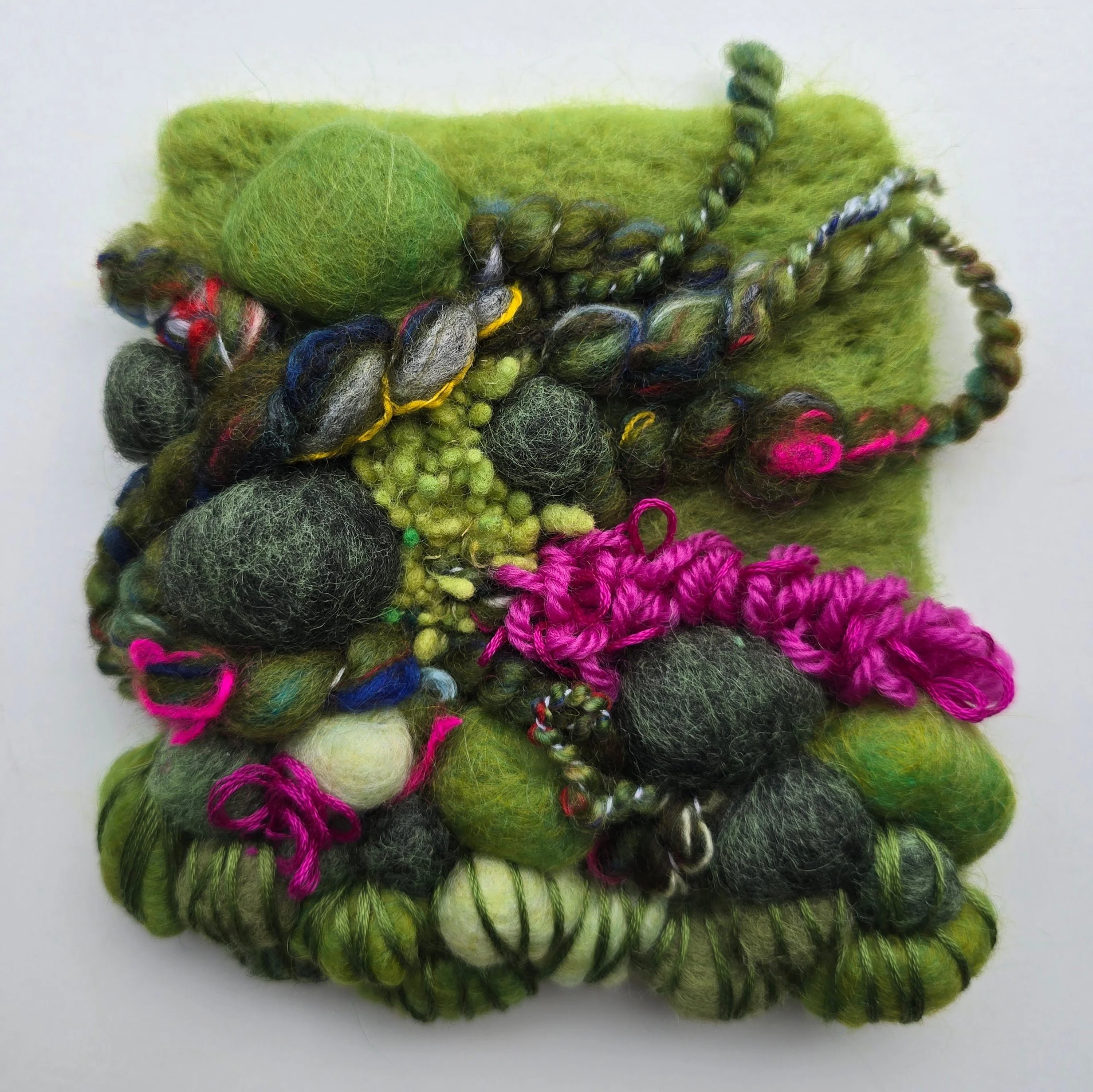 Into The Woods IV | Needle felted wool, hand-spun art yarn, tapestry wool, & embroidery, mounted on board & ready to hang | 5" x 5" | $35 (CDN) - ON HOLD