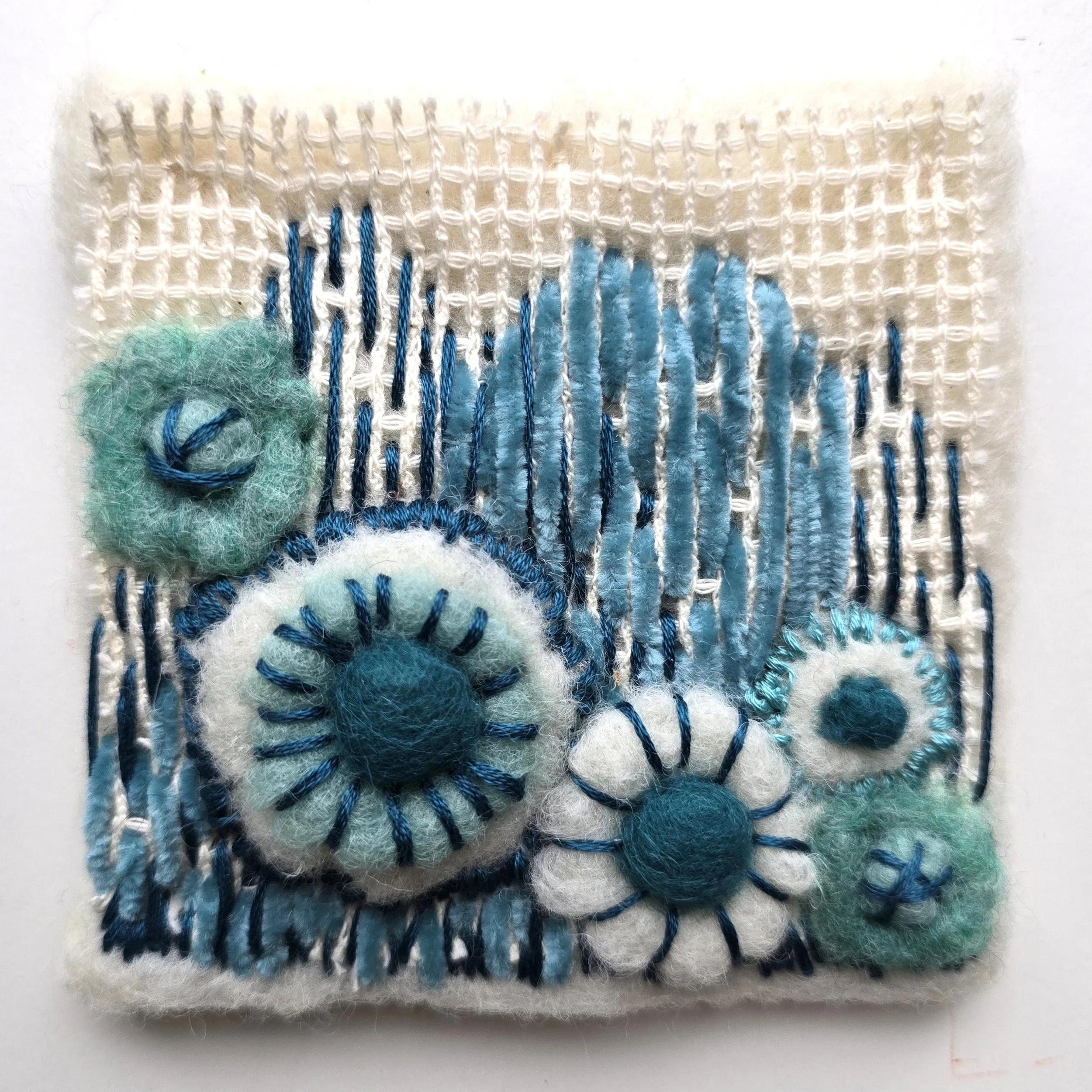 Welcome To My Garden I | Needle felted wool, chenille, & embroidery, mounted on board & ready to hang | 4" x 4" | $20 (CDN) - SOLD