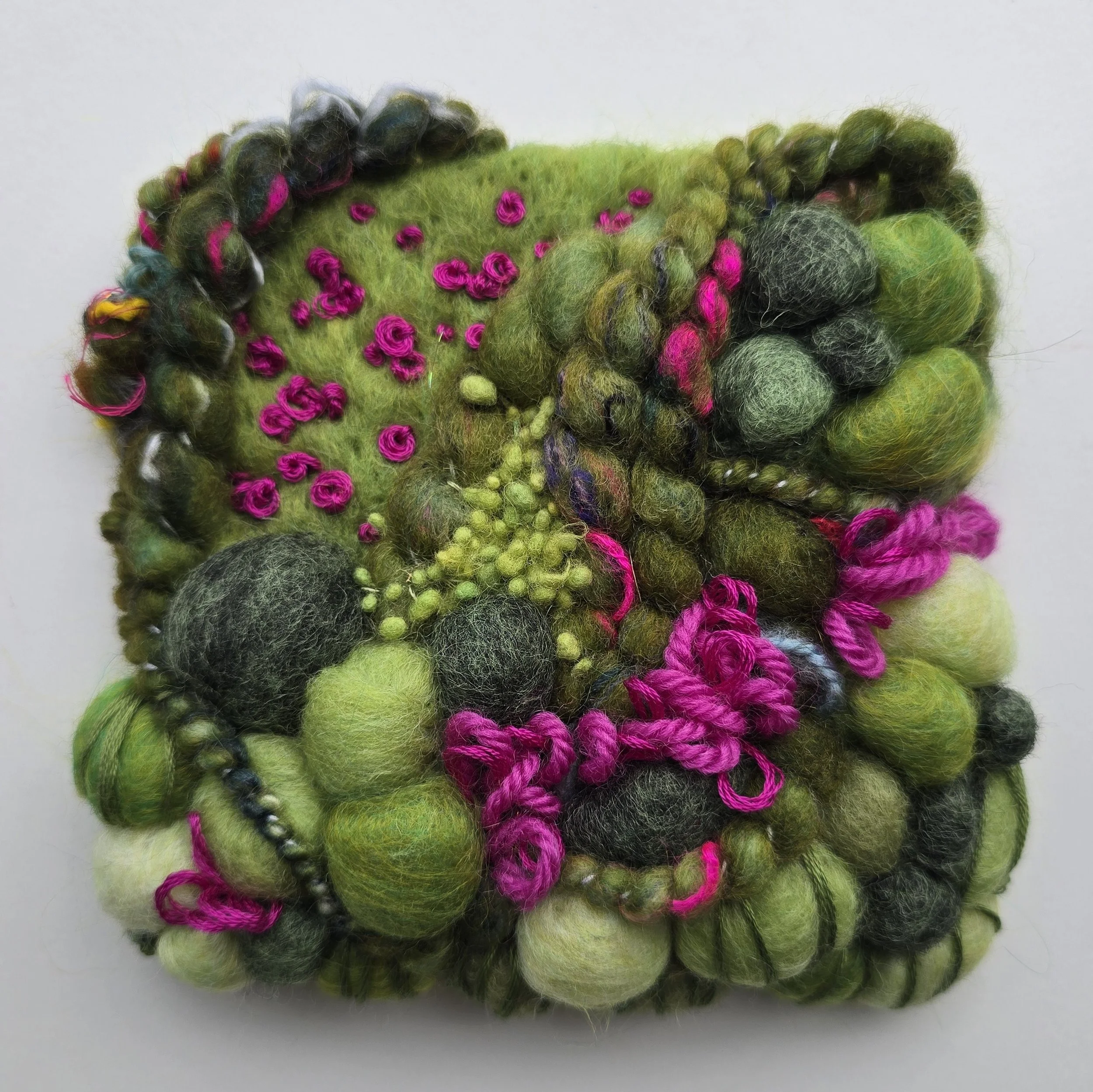 Into The Woods II | Needle felted wool, hand-spun art yarn, tapestry wool, & embroidery, mounted on board & ready to hang | 5" x 5" | $35 (CDN) - SOLD