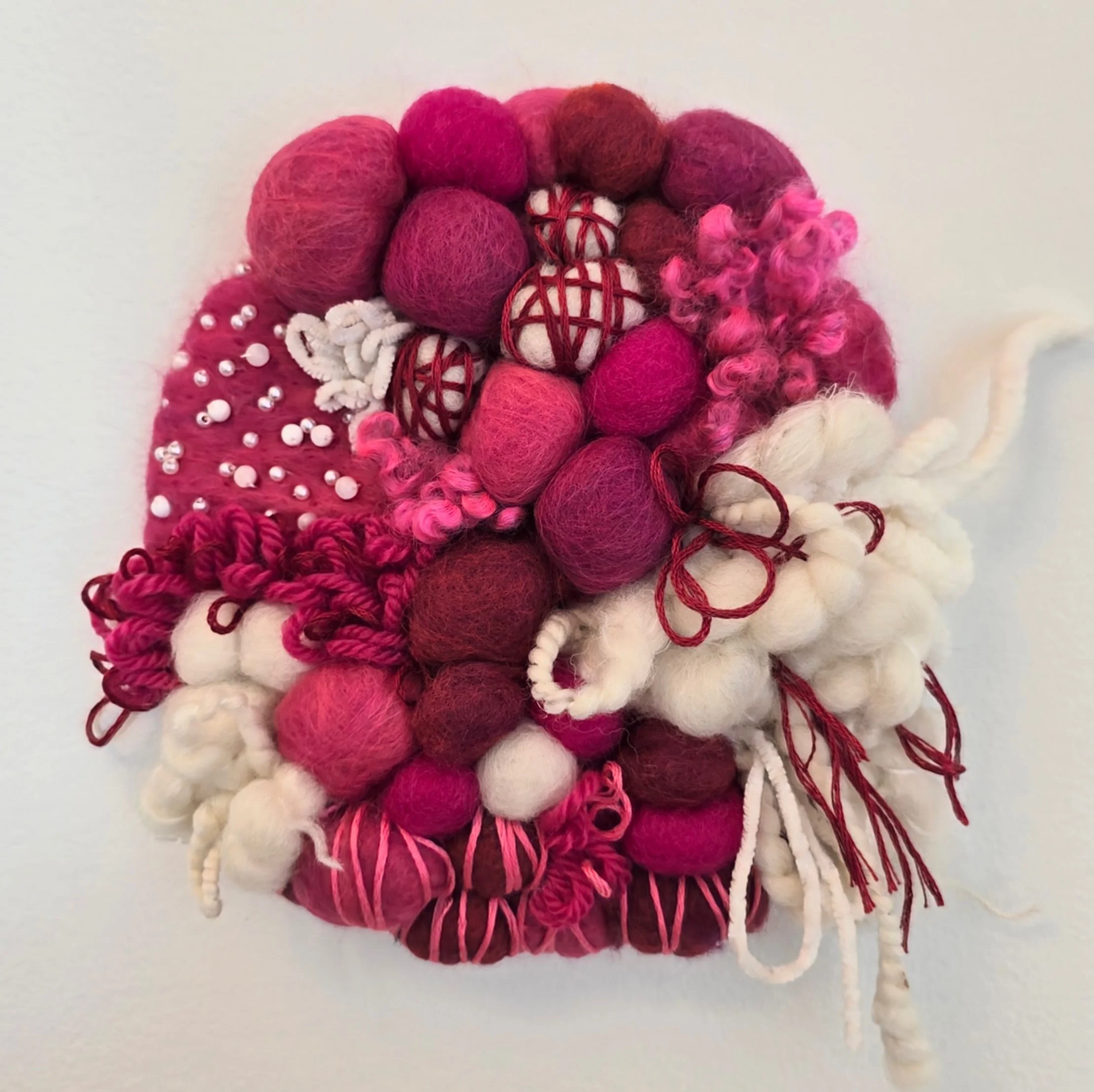 Pink Lagoon I | Needle felted wool, hand-spun art yarn, tapestry wool, beading, & embroidery, mounted on board & ready to hang | 6" x 6" | $35 (CDN) - ON HOLD