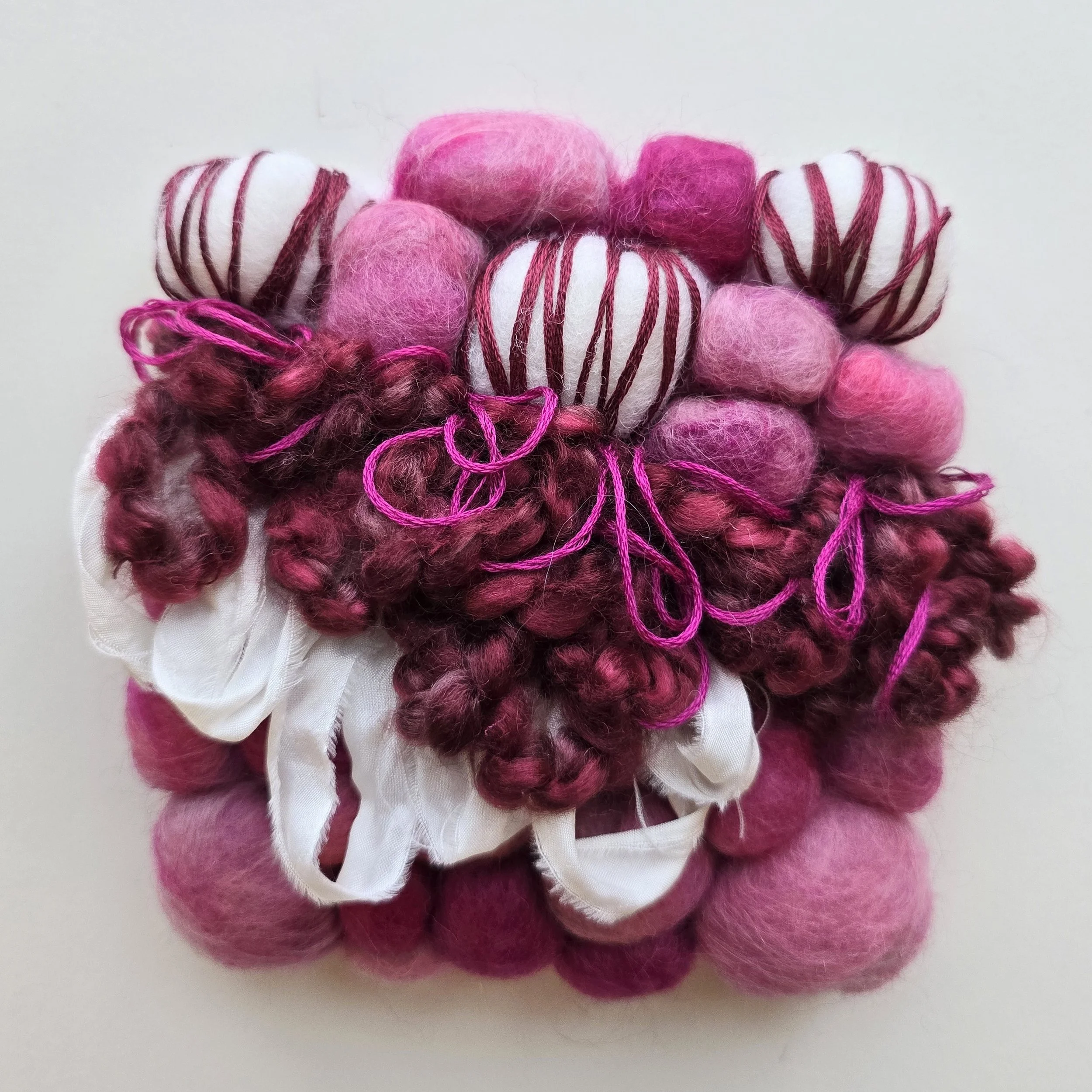 Life Is Like A Box of Chocolates | Needle felted wool, recycled sari silk, art yarn, & embroidery, mounted on board & ready to hang | 4" x 4" | $25 (CDN) - ON HOLD