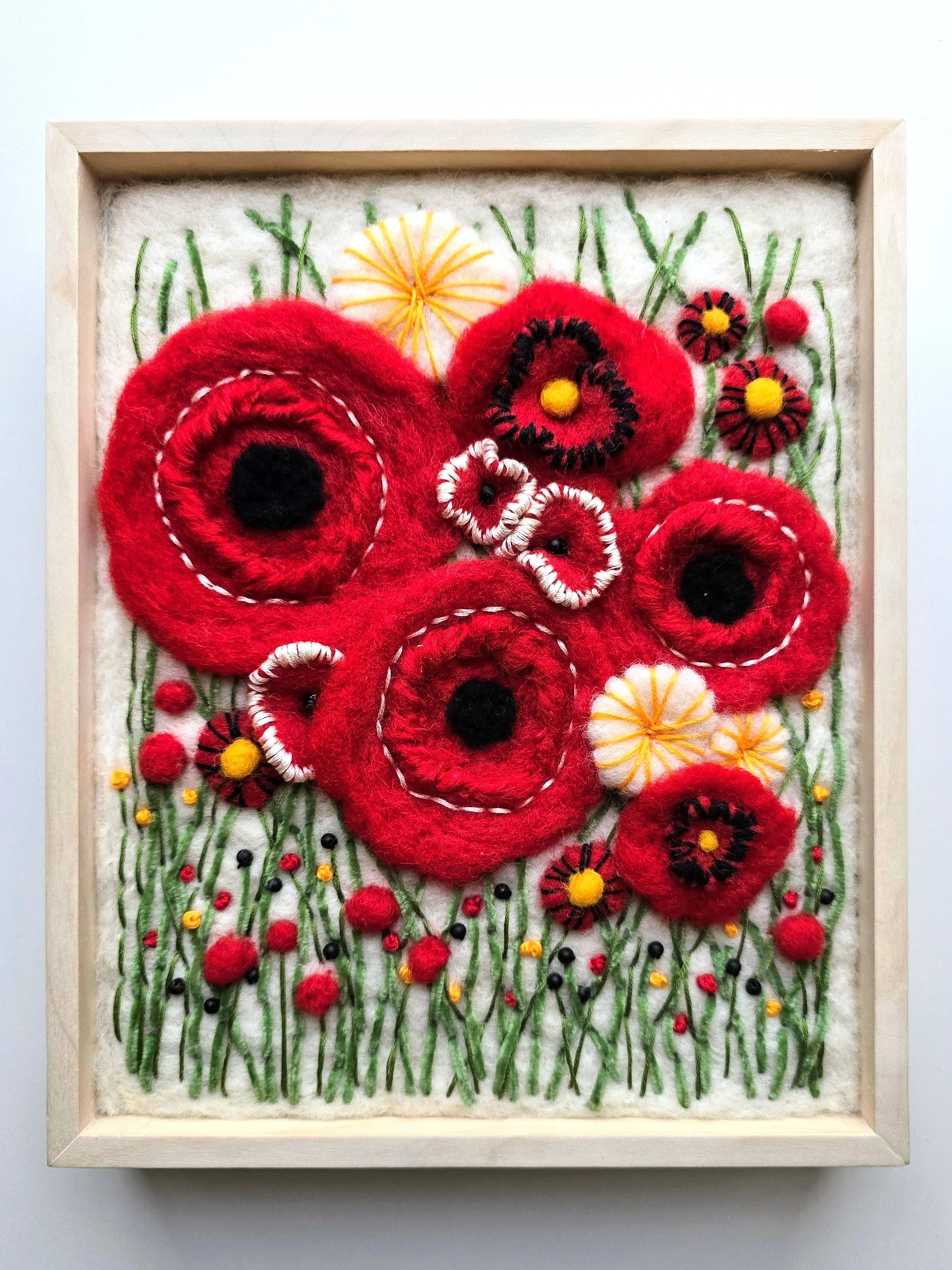 Poppies | Needle felted wool, beading, & embroidery, solid birch frame with natural finish | 9" x 11" x 2" | $150 (CDN) - ON HOLD