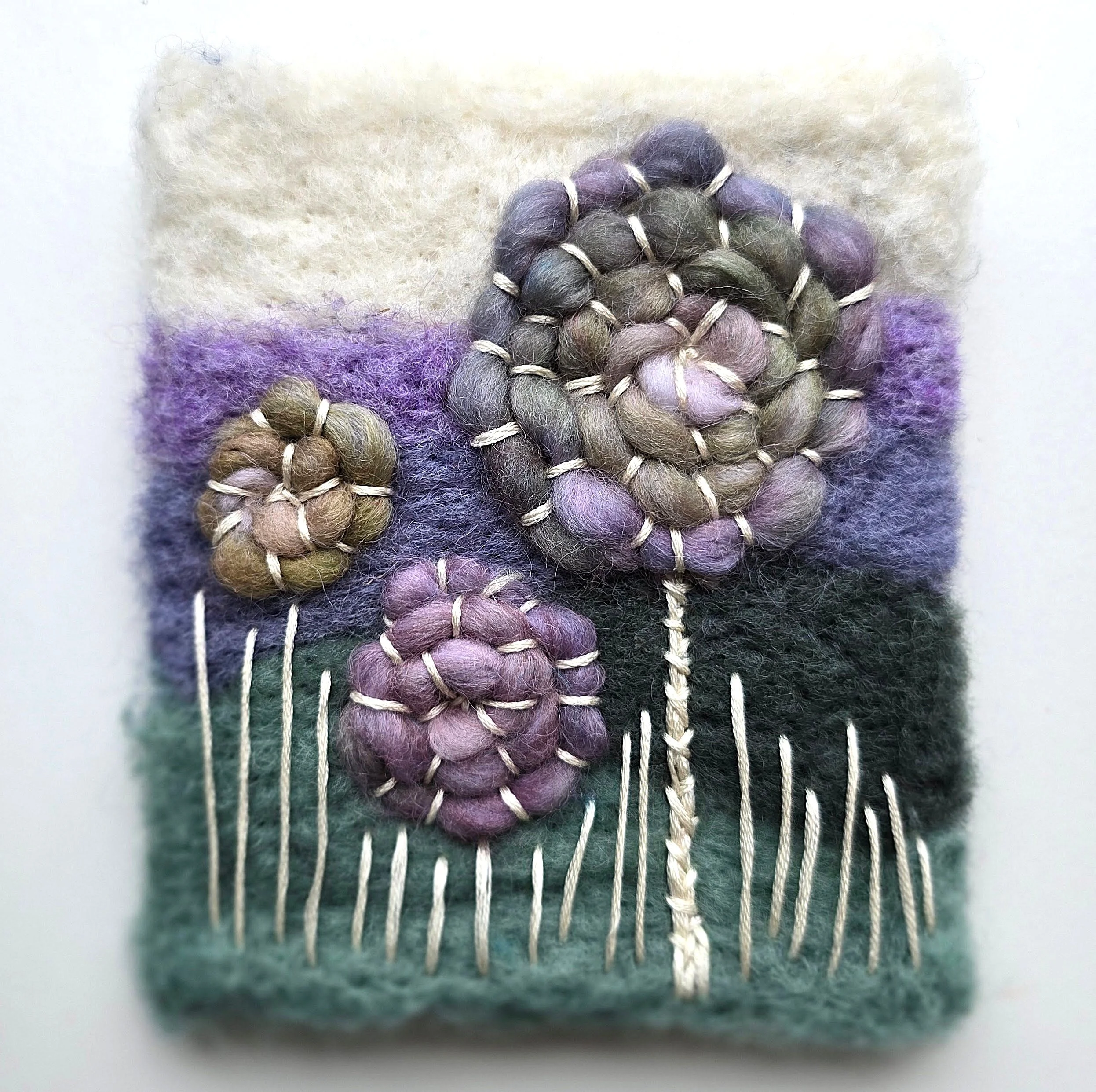 Heather & Sage II | Needle felted wool, hand-spun yarn, & embroidery, mounted on board & ready to hang | 4.5" x 5" | $25 (CDN) - ON HOLD