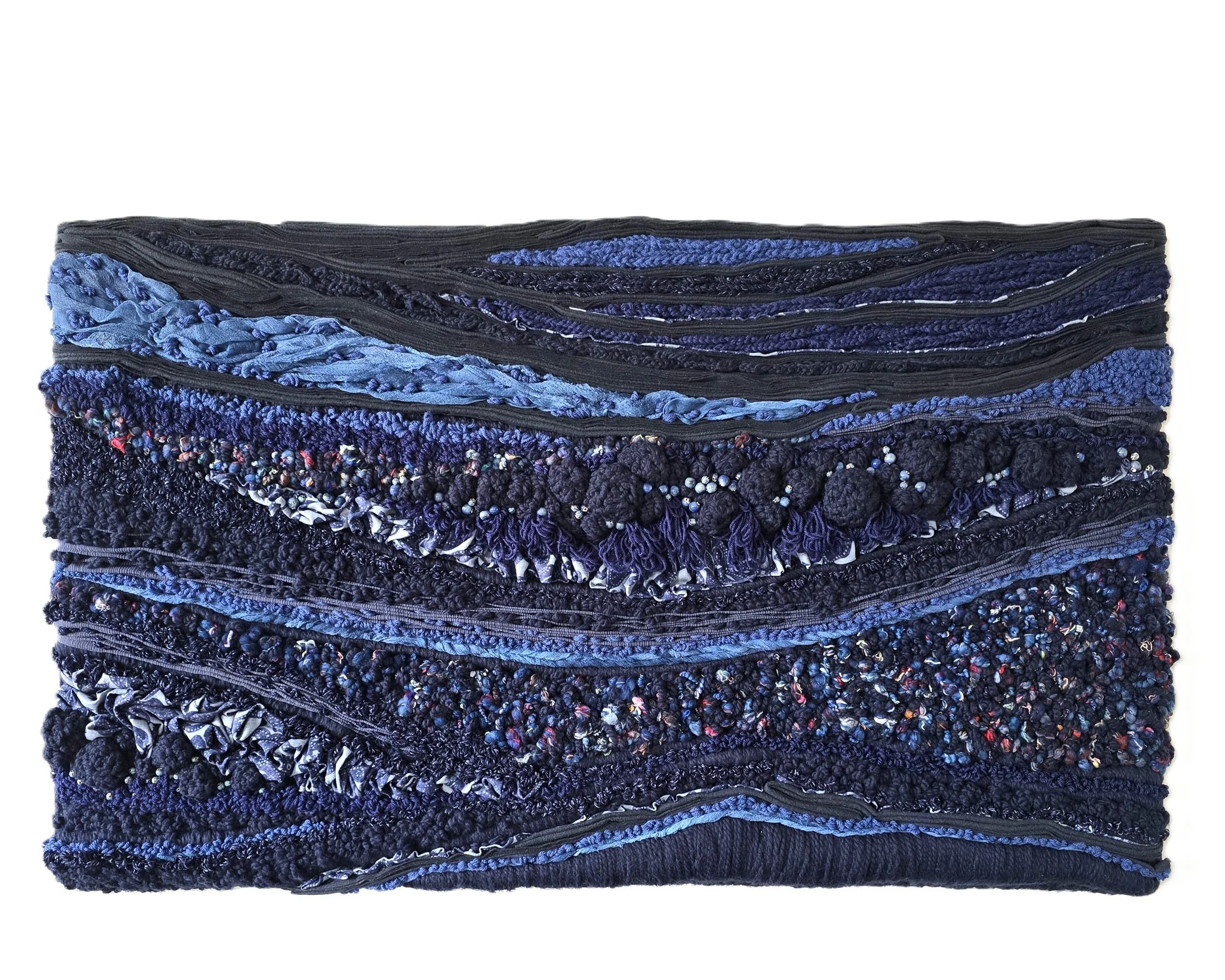 Moonlight, Solitude & All The Possibilities | Mixed textiles, handspun art yarn, stitched & crocheted yarns, & ceramic beading, mounted on board & wired for hanging | 33" x 56" x 2" | $6000 (CDN)