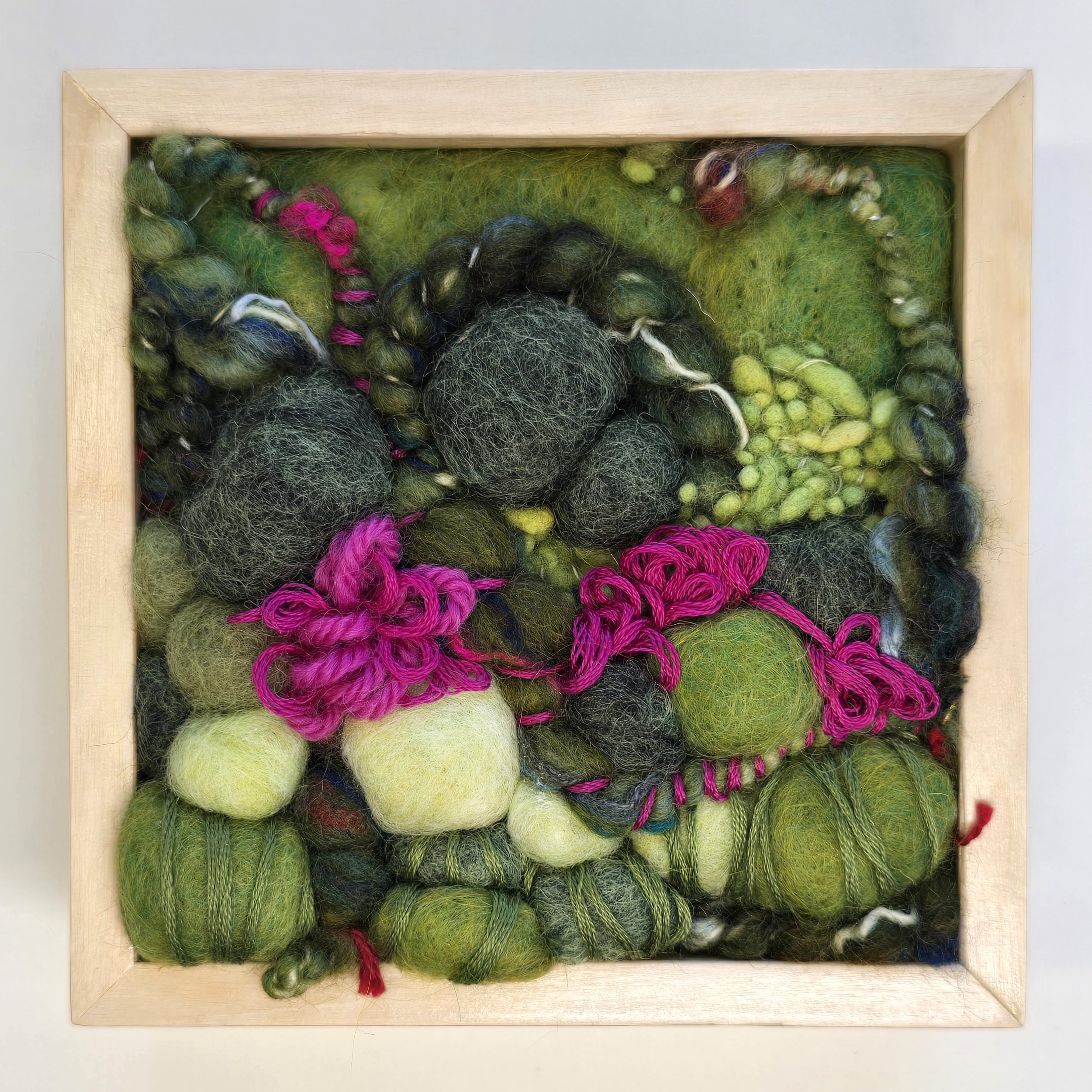 Into The Woods | Needle felted wool, handspun art yarn, & stitching in a solid birch frame with natural finish | 5" x 5" x 2" | SOLD 