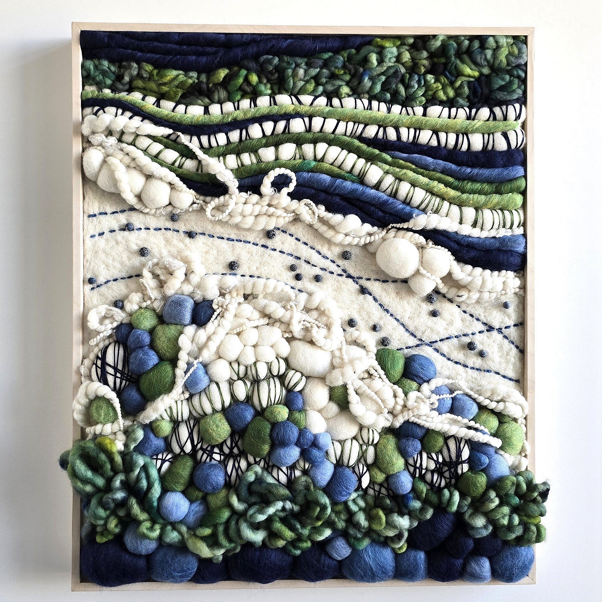Riverdance | Needle felted wool, handspun yarn, agate beading, & embroidery, solid birch frame with natural finish | 19" x 23" x 2" | $900 (CDN)