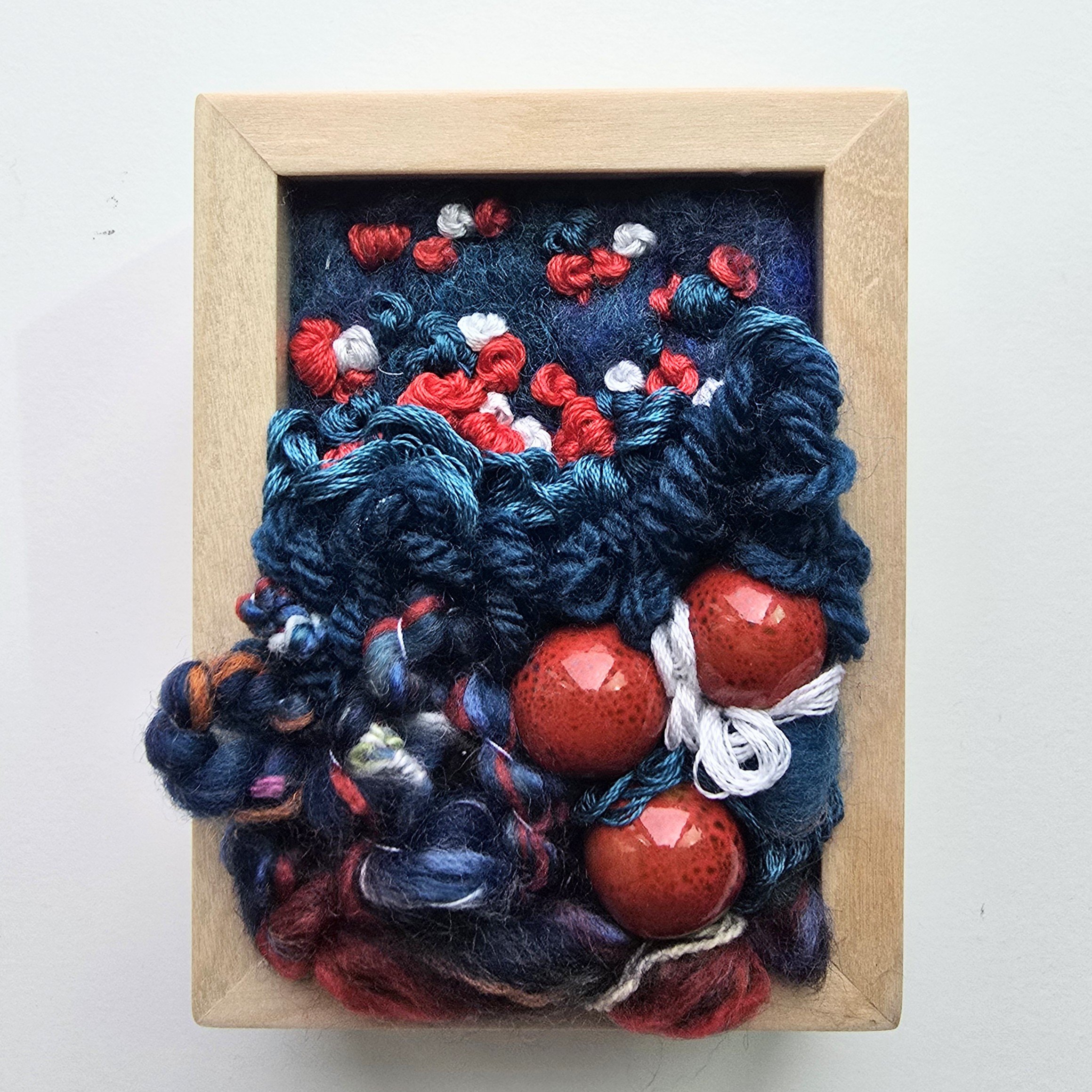 Mini 11 | Needle felted wool, mixed yarns, handspun art yarn, stitching, & ceramic beading in solid birch frame with natural finish | 3" x 4" x 1.5" | $50 (CDN)