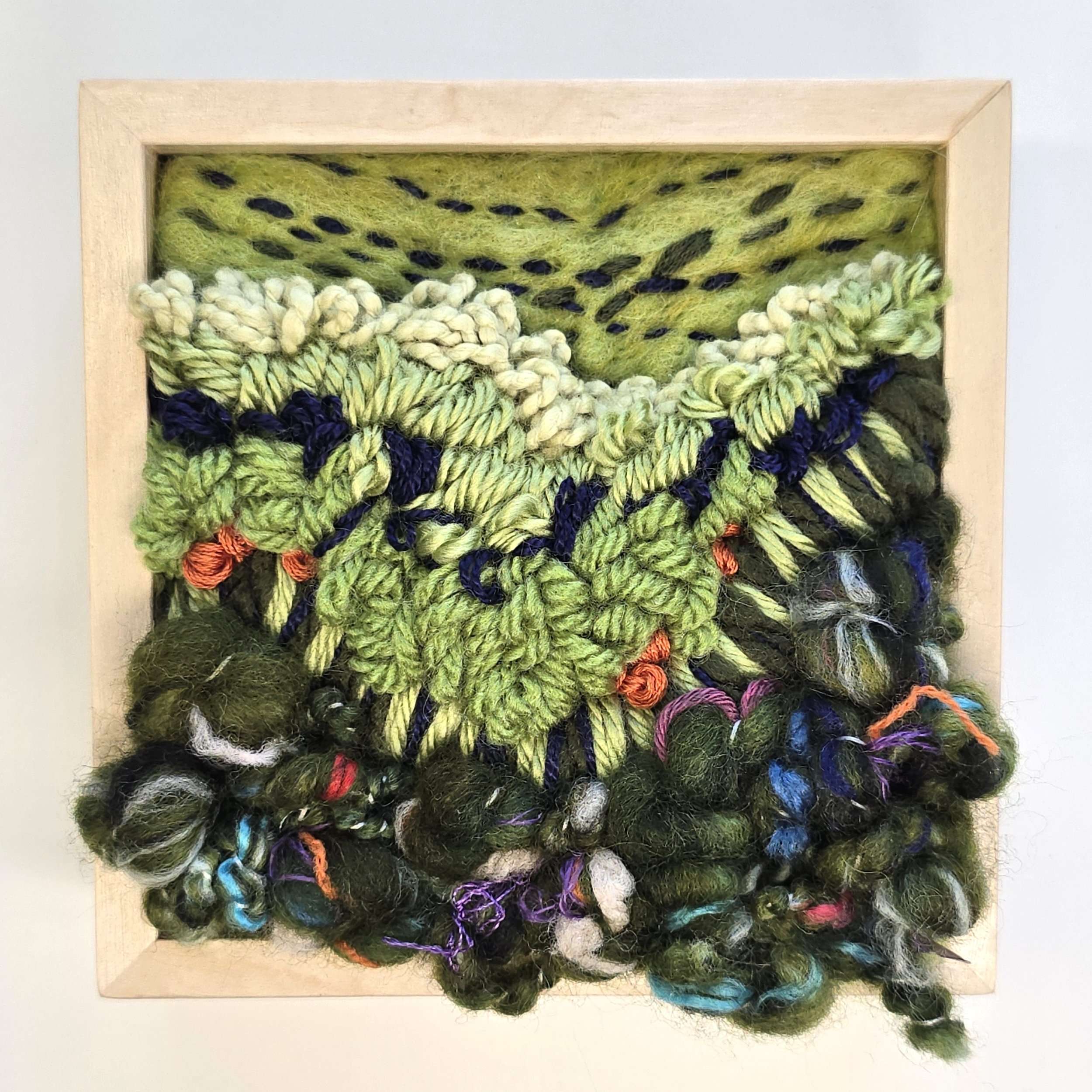 Do You Have Time To Linger? | Needle felted wool, handspun art yarn, mixed yarns, & stitching in a solid birch frame with natural finish | 5" x 5" x 2" | SOLD 