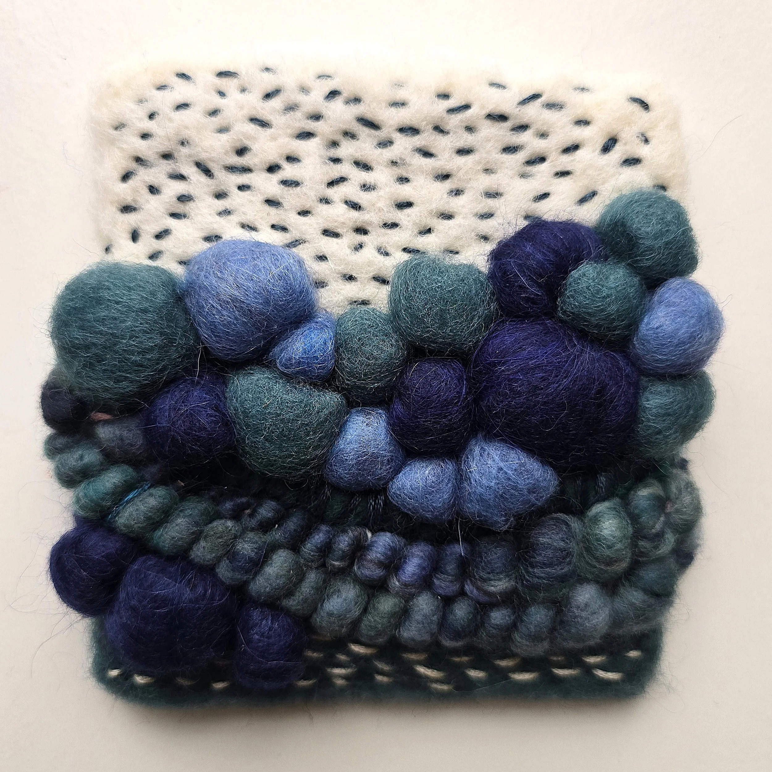 Bluestone I | Needle felted wool, hand-spun art yarn, & embroidery, mounted on board & ready to hang | 4" x 4" | $20 (CDN) - SOLD
