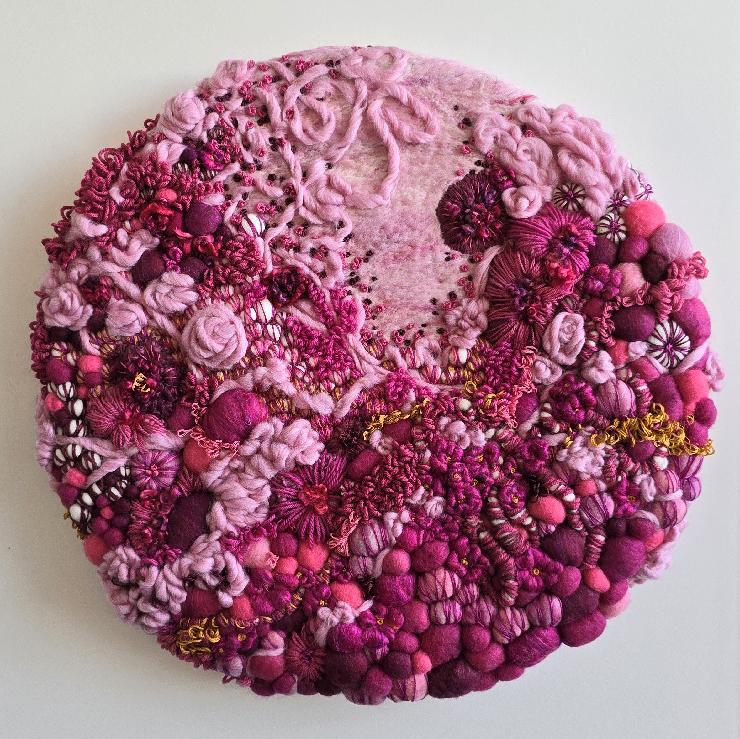 The Risk It Took To Blossom | Needle felted wool, silk roving, handspun yarns, & embroidery, mounted on board | 24" x 24" x 3" (depth varies) | $1000 (CDN) - ON EXHIBIT JAN 7-25, 2026