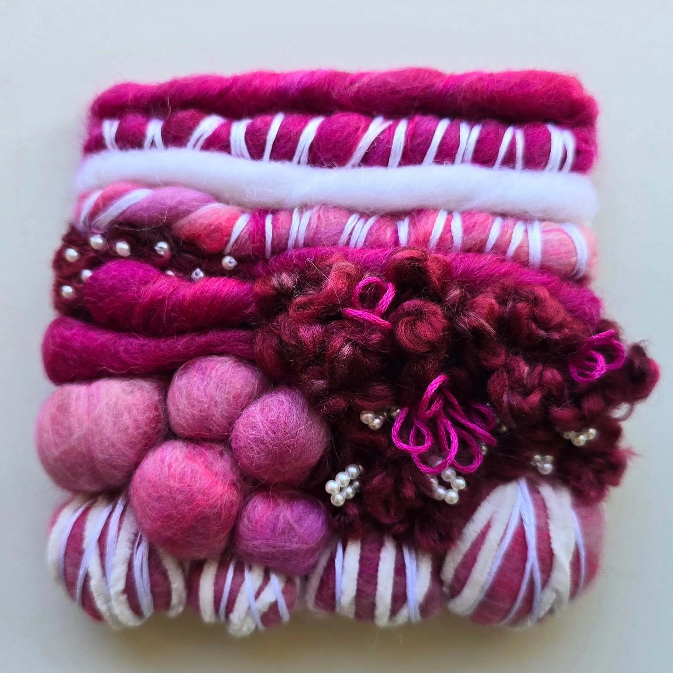 Pink Fields | Needle felted wool, art yarn, beading, & embroidery, mounted on board & ready to hang | 4" x 4" | $25 (CDN) - SOLD