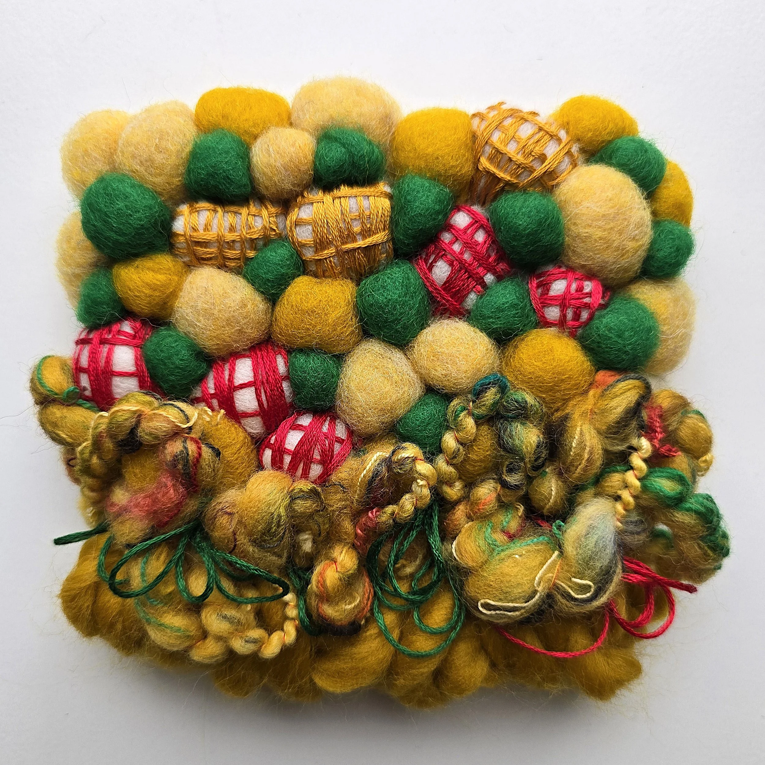 Moss & Marigold | Needle felted wool, hand-spun art yarn, & embroidery, mounted on board & ready to hang | 6" x 6" | $35 (CDN) - ON HOLD