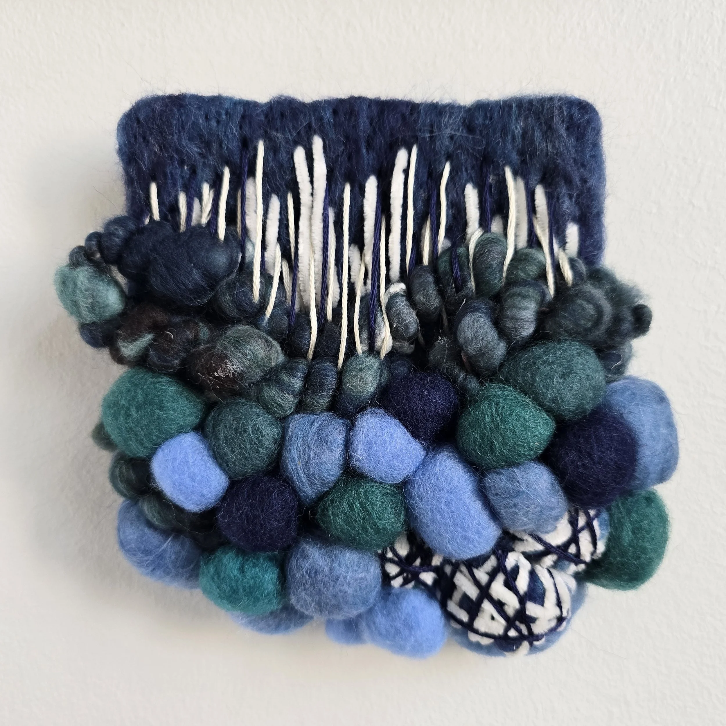 Moonlight III | Needle felted wool, hand-spun art yarn, chenille, & embroidery, mounted on board & ready to hang | 5" x 5" | $35 (CDN) - ON HOLD