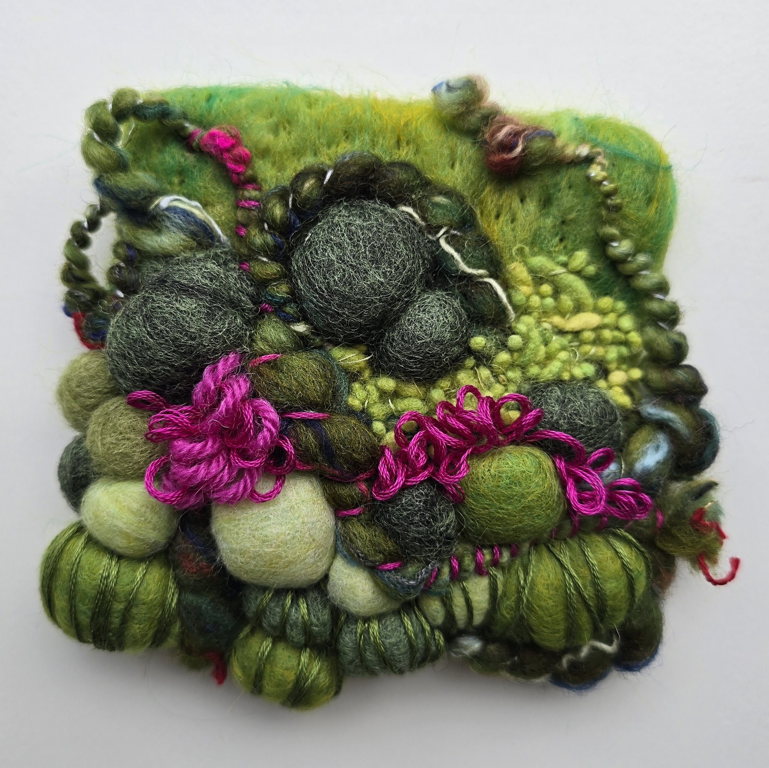 Into The Woods III | Needle felted wool, hand-spun art yarn, tapestry wool, & embroidery, mounted on board & ready to hang | 5" x 5" | $35 (CDN) - ON HOLD