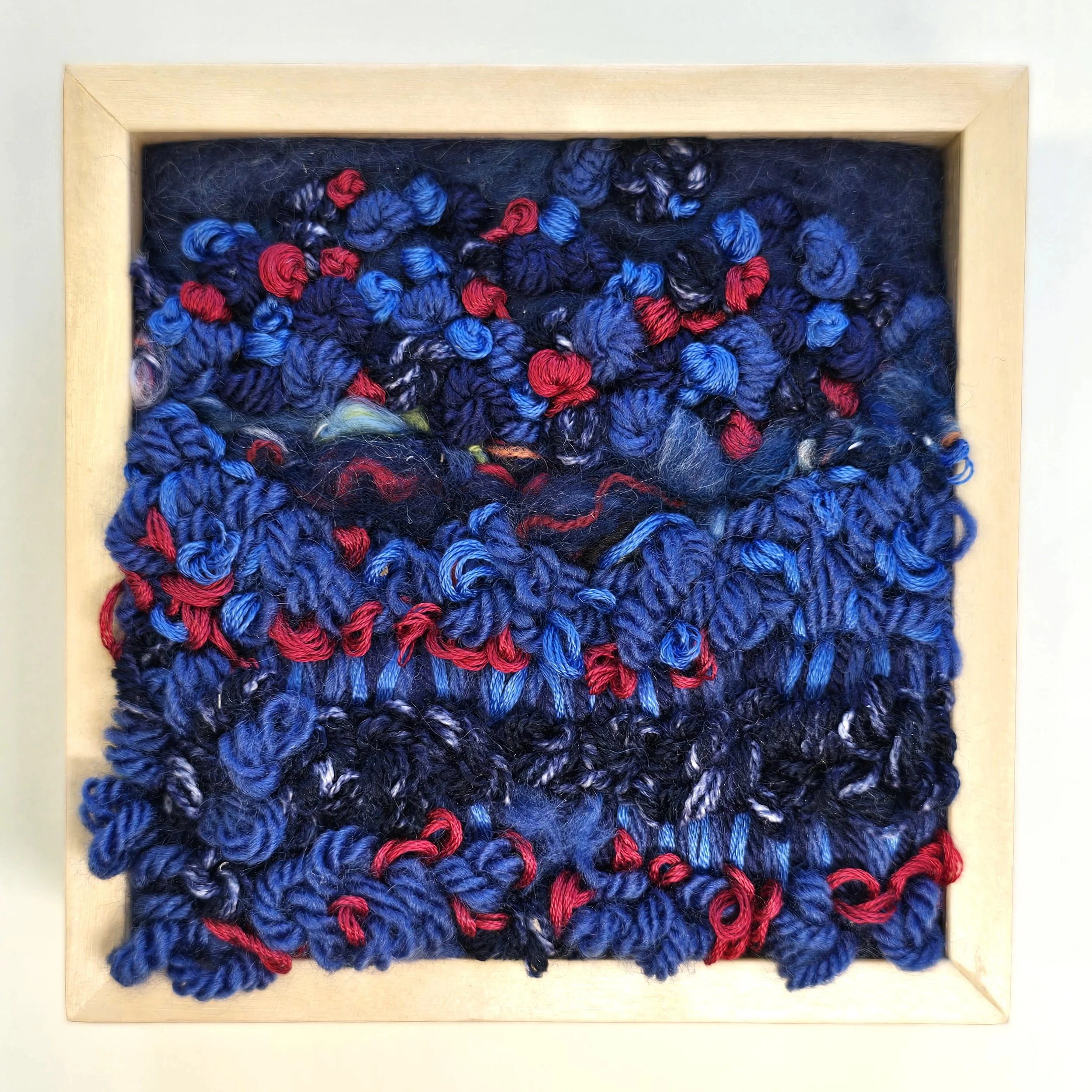 Song Sung Blue | Needle felted wool, handspun art yarn, mixed yarns, & stitching in a solid birch frame with natural finish | 5" x 5" x 2" | SOLD