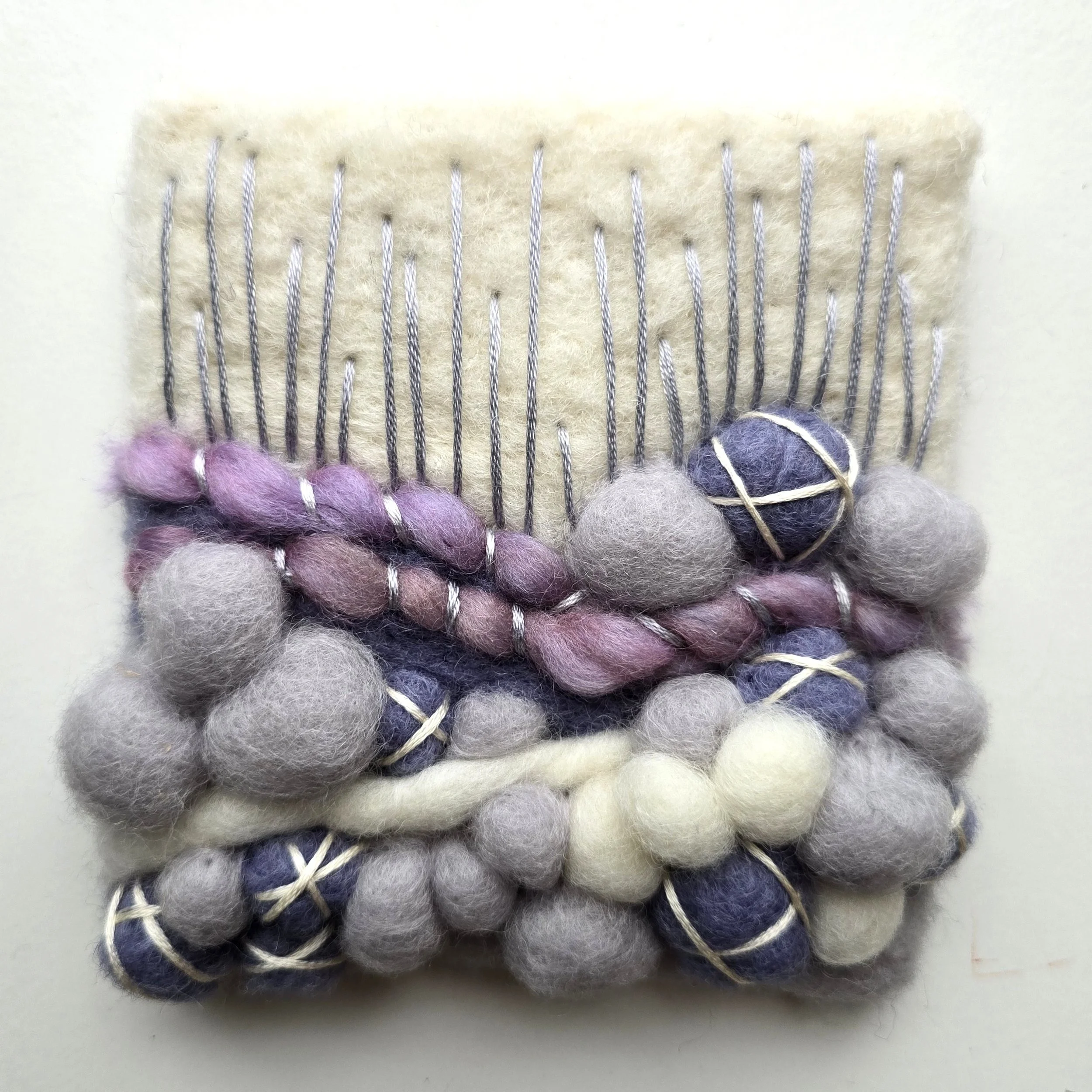 Lavender Fields II | Needle felted wool, hand-spun art yarn, & embroidery, mounted on board & ready to hang | 4" x 4" | $20 (CDN) - SOLD