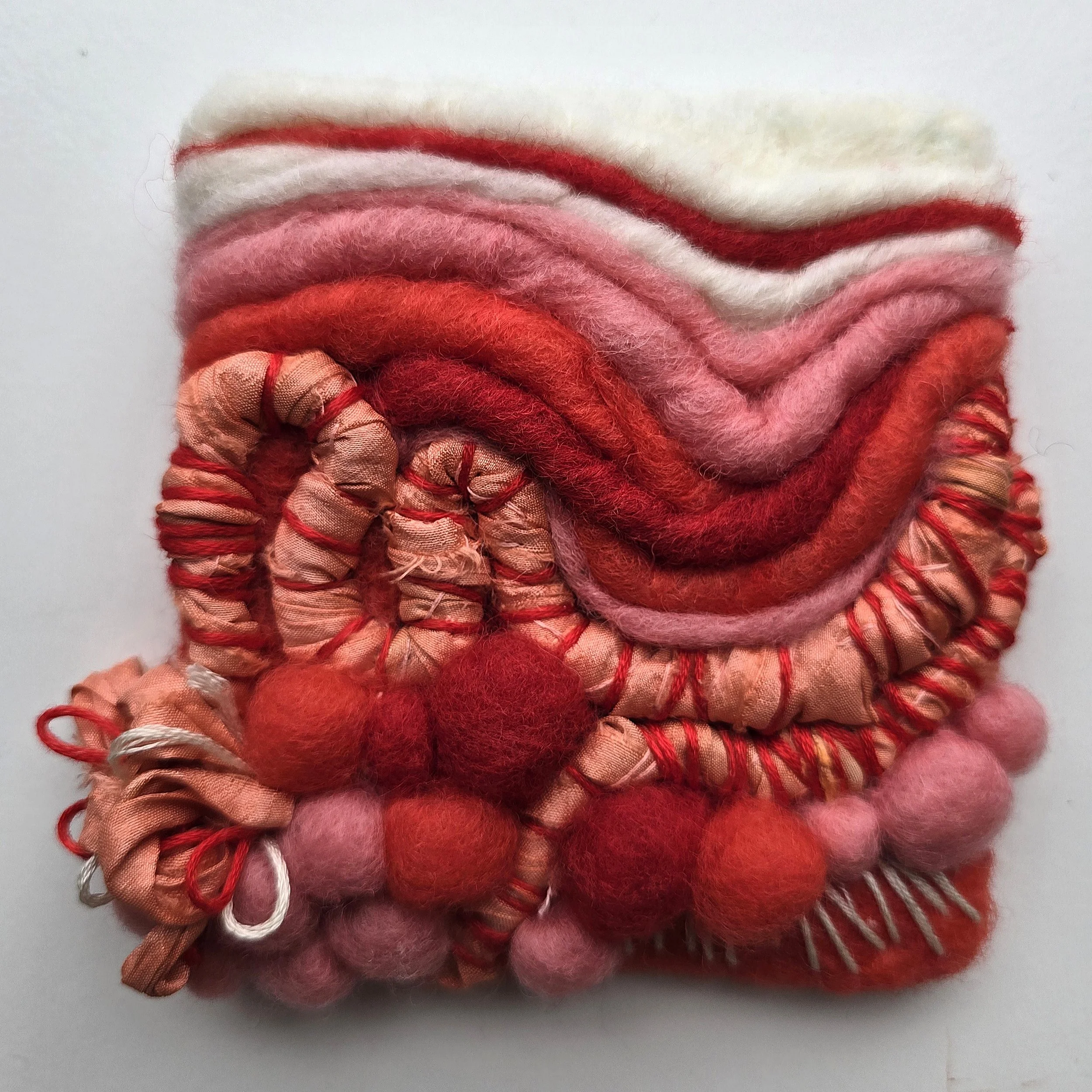 Lipstick Sunset II | Needle felted wool, recycled sari silk, & embroidery, mounted on board & ready to hang | 4" x 4" | $20 (CDN) - ON HOLD