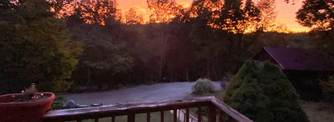 Sunset view from a deck overlooking a wooded area and road, with vibrant orange and purple sky. A planter is visible in the foreground.