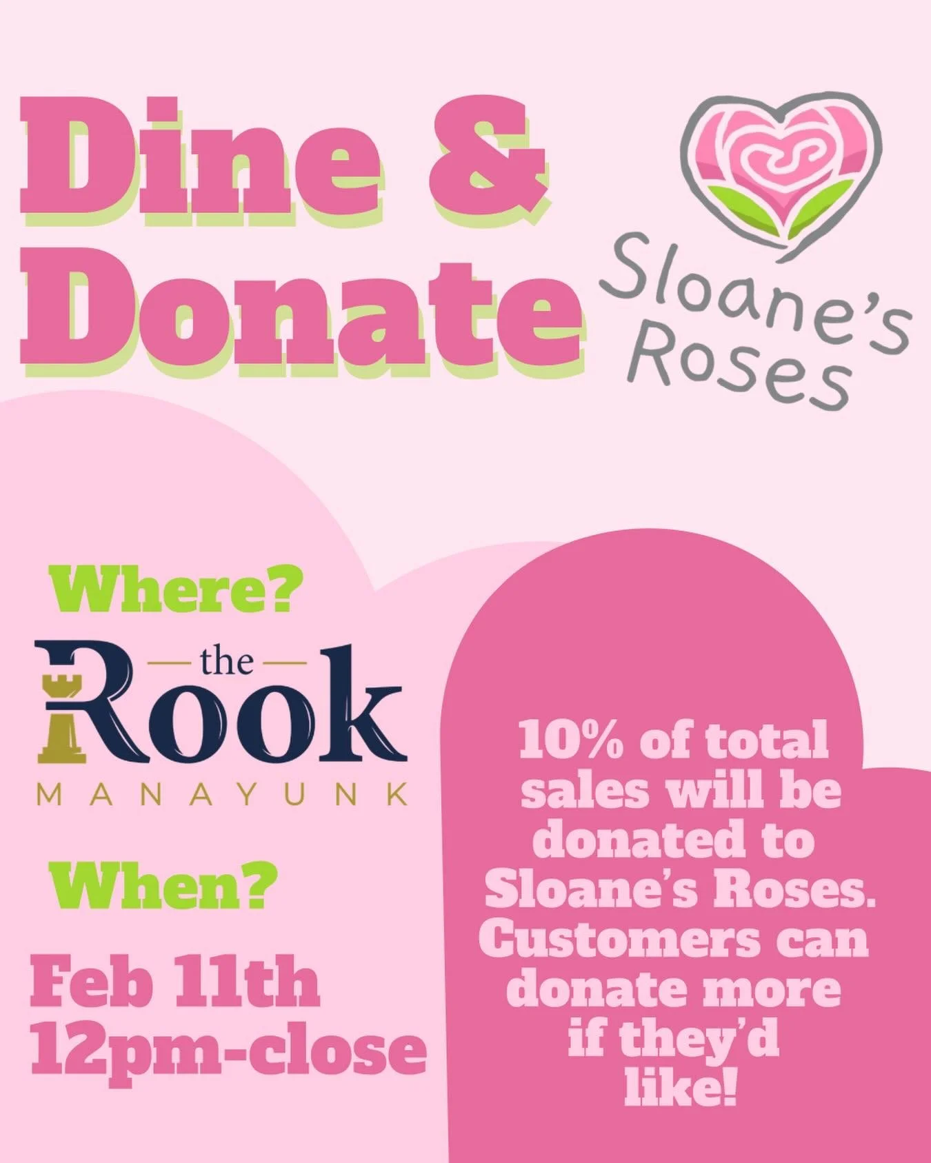 Who is ready to kick off the 2026 fundraising for Sloane&rsquo;s Roses?!?!

Well, if you are, make sure you save the date!! On Feb 11th, The Rook Manayunk will be hosting a Dine and Donate for Sloane&rsquo;s Roses!

Come join us from 12pm-close!! Whe