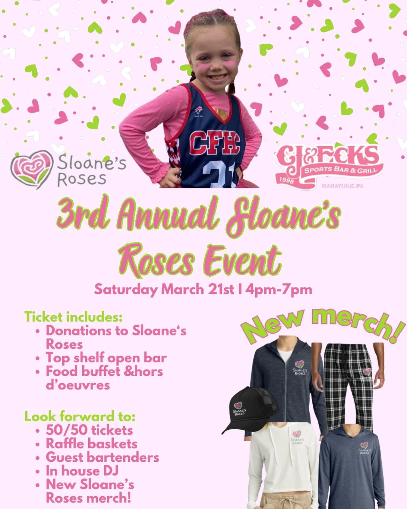 ✨ Join Us for the 3rd Annual Sloane&rsquo;s Roses Fundraiser!✨

Hosted by C.J. &amp; Eck&rsquo;s

Tickets are officially ON SALE and you won&rsquo;t want to miss this incredible night for a beautiful cause! 🌹💖
🎟 Presale Tickets: $100
Includes:
🍽 
