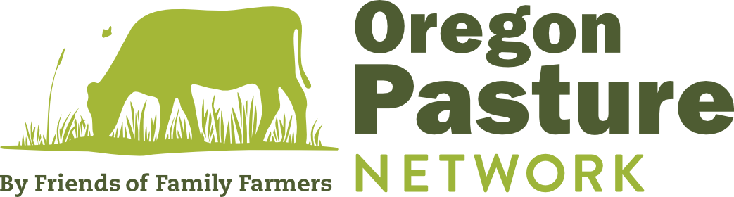 Logo of Oregon Pasture Network featuring a stylized green cow grazing on grass with the text 'Oregon Pasture Network' and 'By Friends of Family Farmers'.