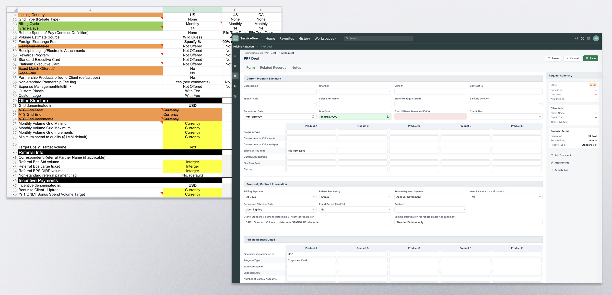 Spreadsheet-based intake requirements layered behind an early ServiceNow form concept created to explore how the requirements could translate into an interface.