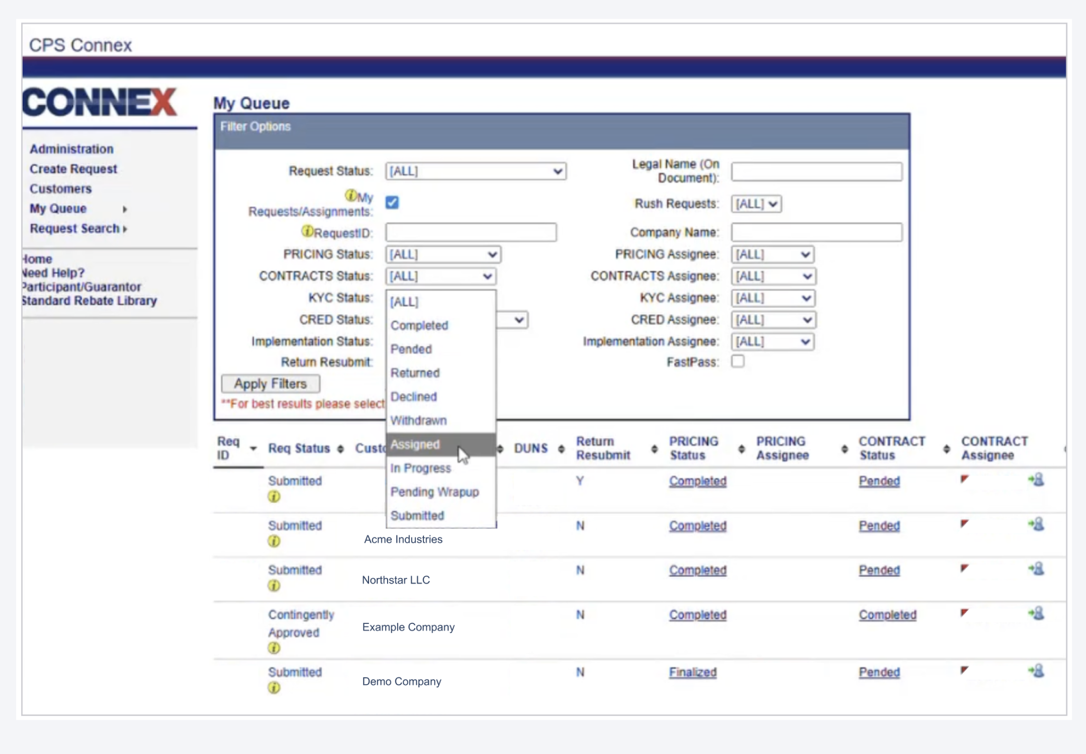 Connex interface showing a dense table of client requests, workflow statuses, filters, and navigation.