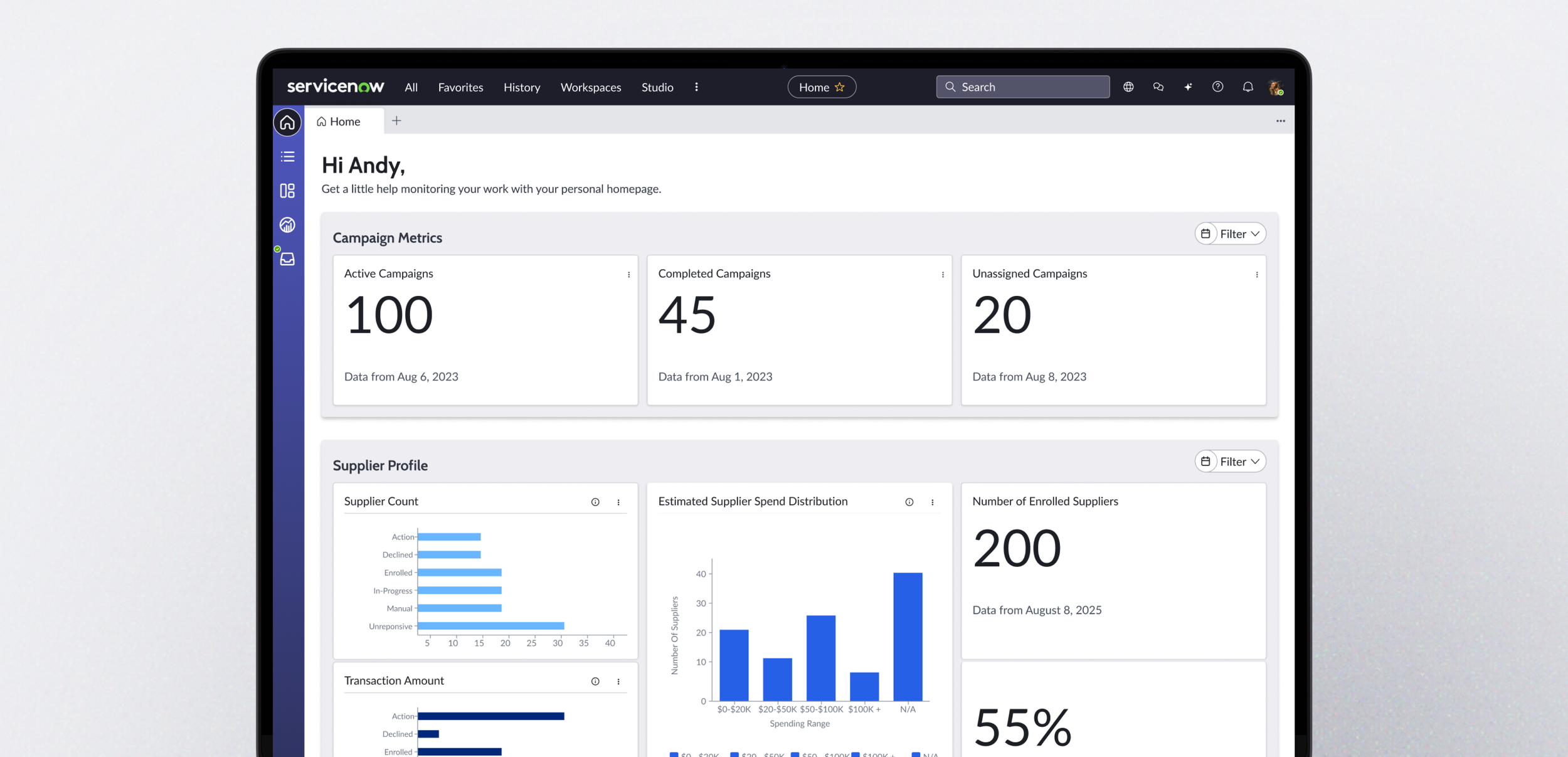 ServiceNow Workspace dashboard showing campaign metrics, supplier insights, call volume, and individual team queues for the Supplier Enablement workflow.