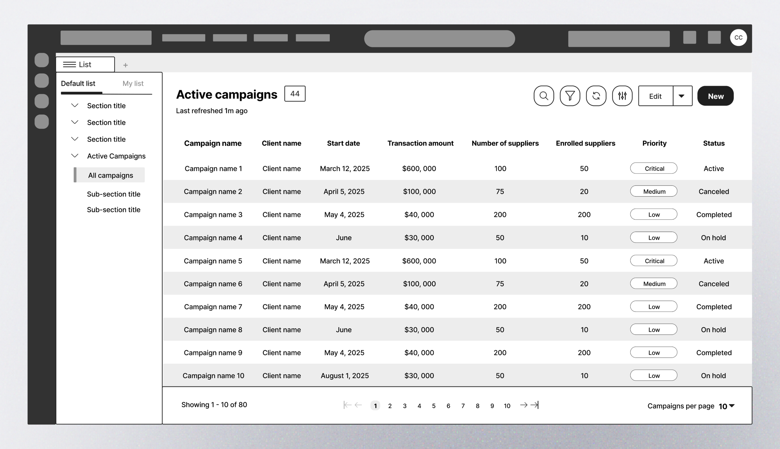 Early ServiceNow Workspace campaign list concept exploring how campaign information, status, and actions could be organized using existing platform patterns and components.