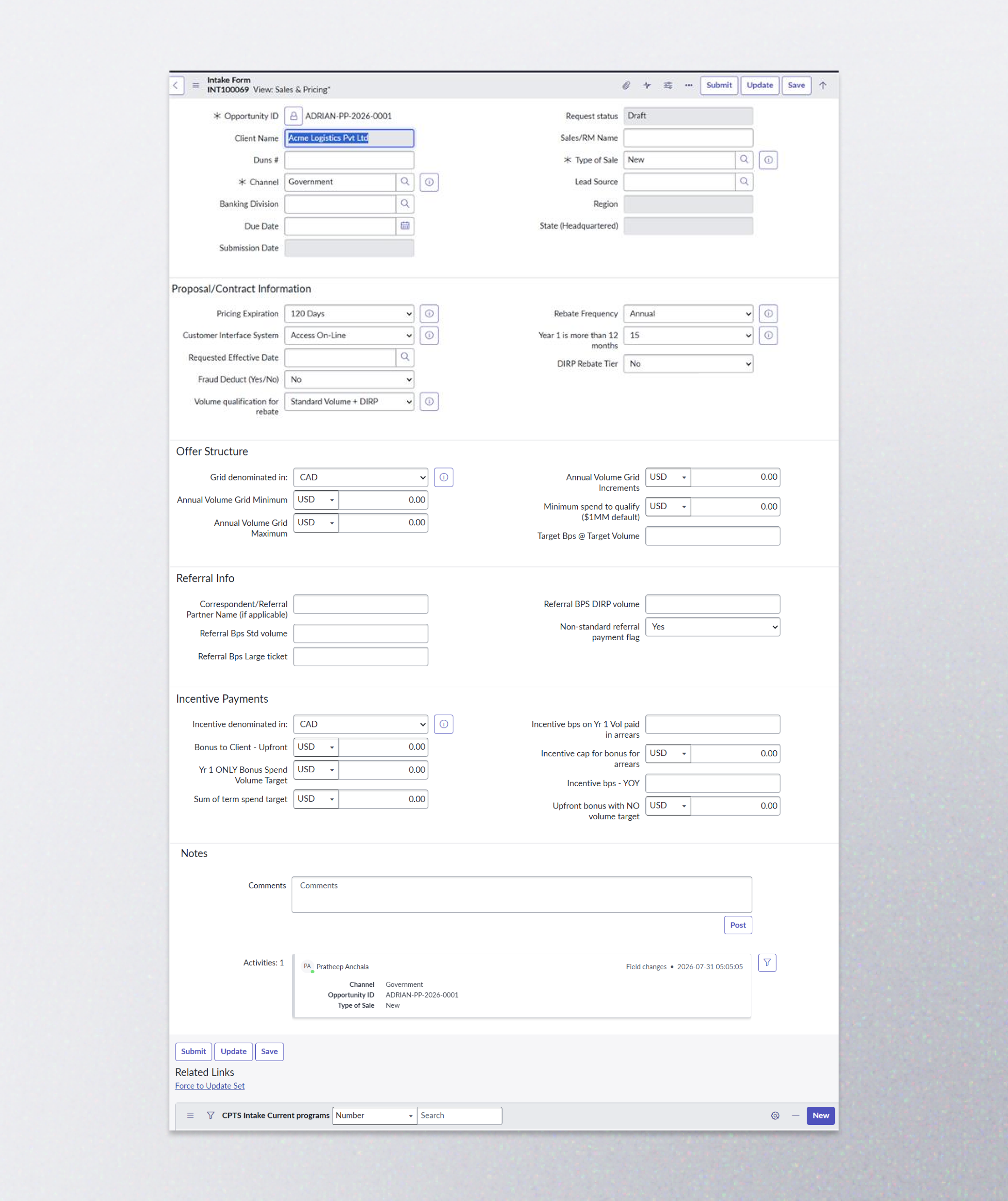 Initial engineering-built ServiceNow intake form used during partner reviews with Sales Advisors and Pricing.