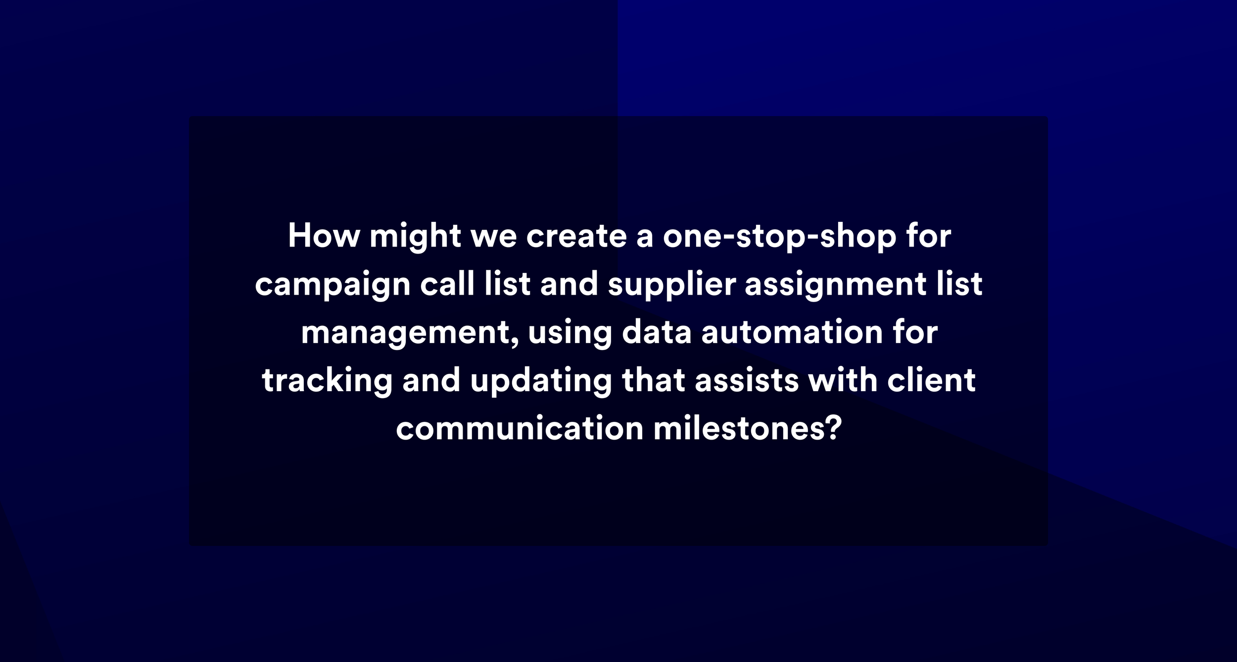 Prioritized design question asking how to create a one-stop shop for campaign call lists and supplier assignments using data automation to support tracking, updates, and client communication milestones.