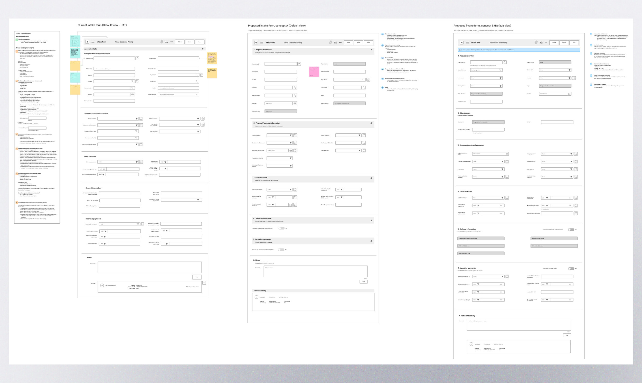 Low-fidelity intake form explorations testing hierarchy, information grouping, field labels, guidance, and conditional content.