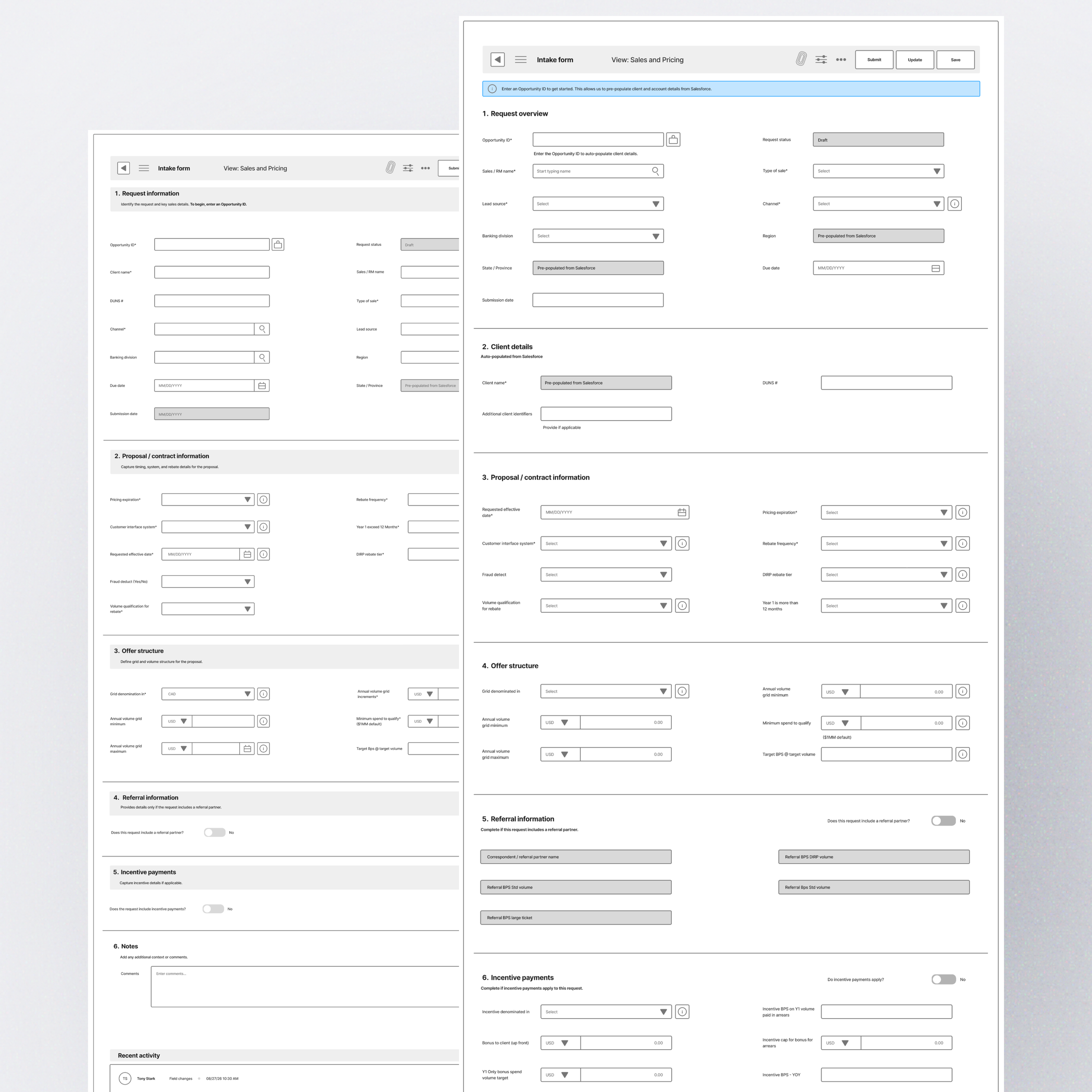 Two low-fidelity intake form concepts showing the evolution toward clearer information groups and progressive disclosure for conditional content.