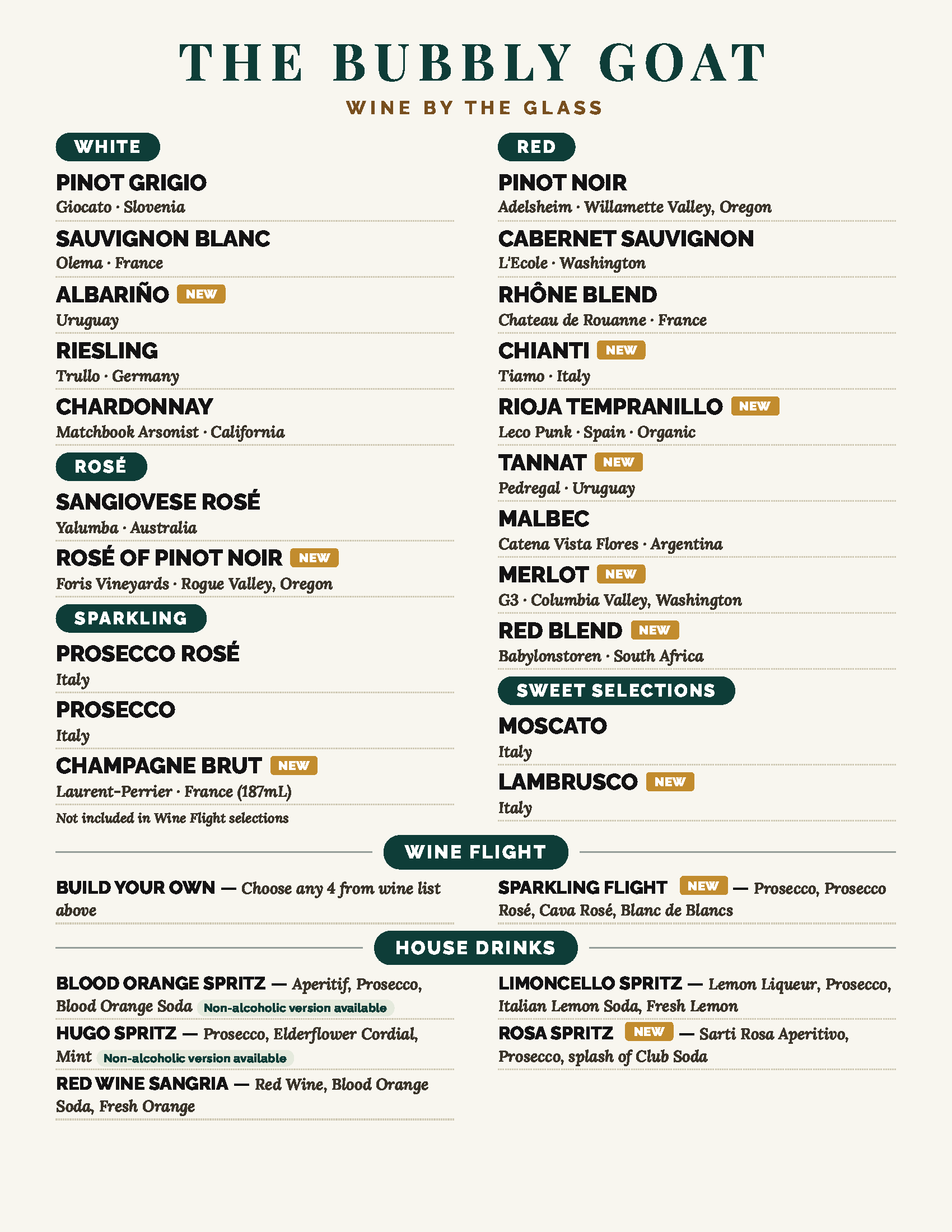 The Bubbly Goat wine bar menu in Lilburn, GA, featuring wine by the glass including Pinot Grigio, Sauvignon Blanc, Albarino, Chardonnay, Pinot Noir, Cabernet Sauvignon, Chianti, Tannat, and Malbec, plus wine flights and house spritz cocktails
