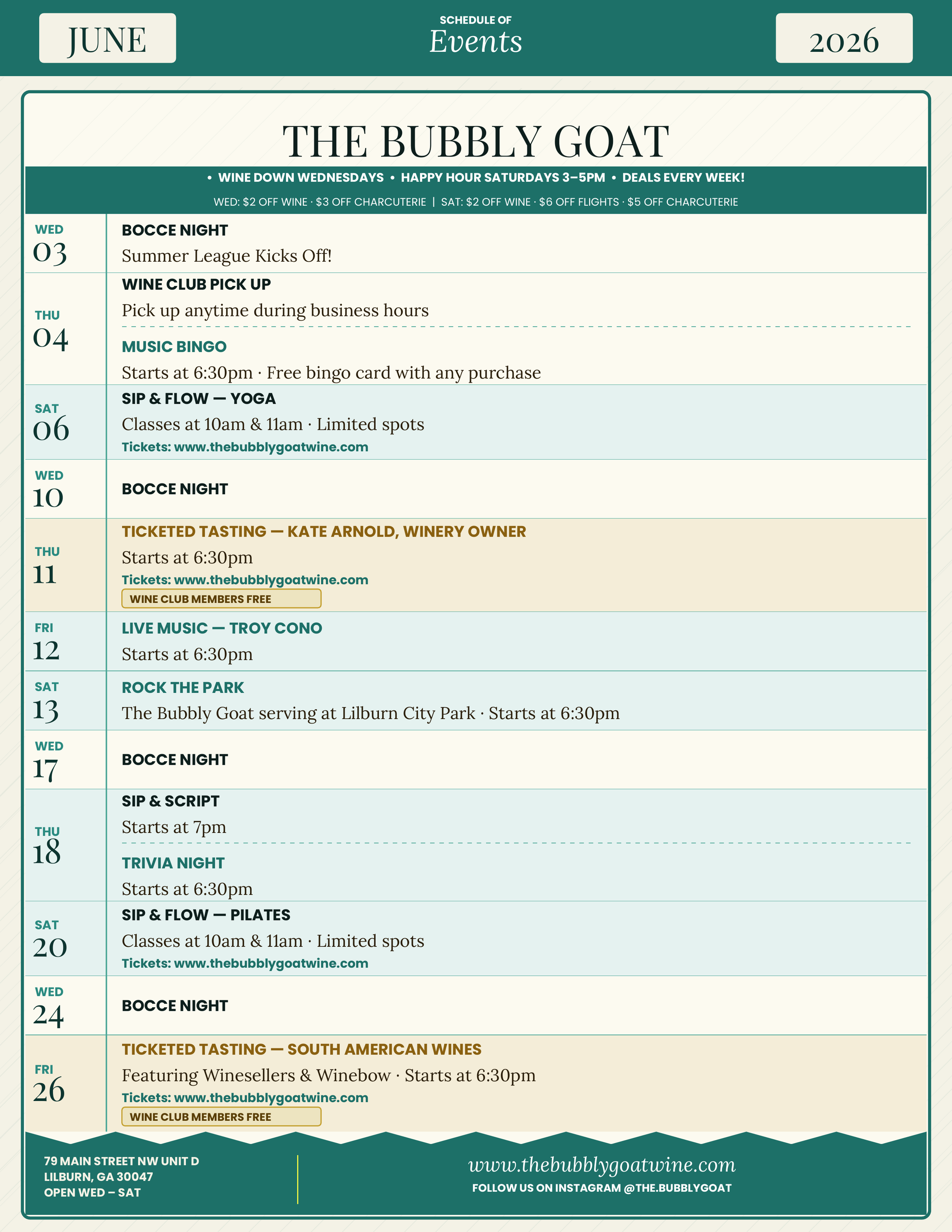 WINE TASTING, WINE BAR, CHARCUTERIE, LIVE MUSIC, TRIVIA, BINGO, BOCCE, HAPPY HOUR