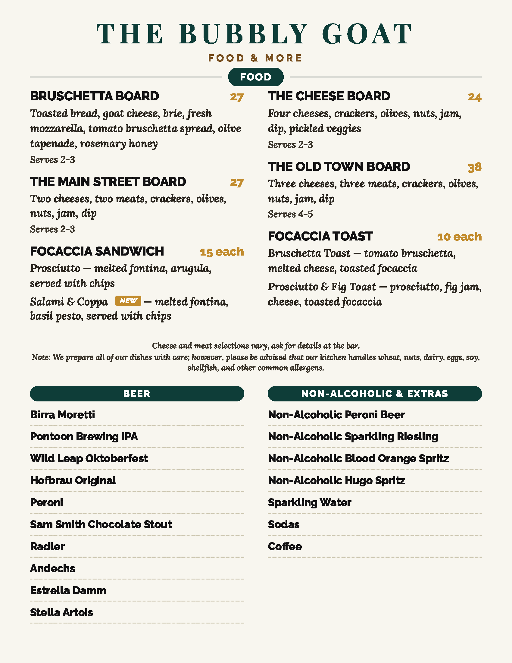 The Bubbly Goat food menu in Lilburn, GA, featuring charcuterie and cheese boards, focaccia sandwiches, focaccia toast, craft beer, and non-alcoholic drink options