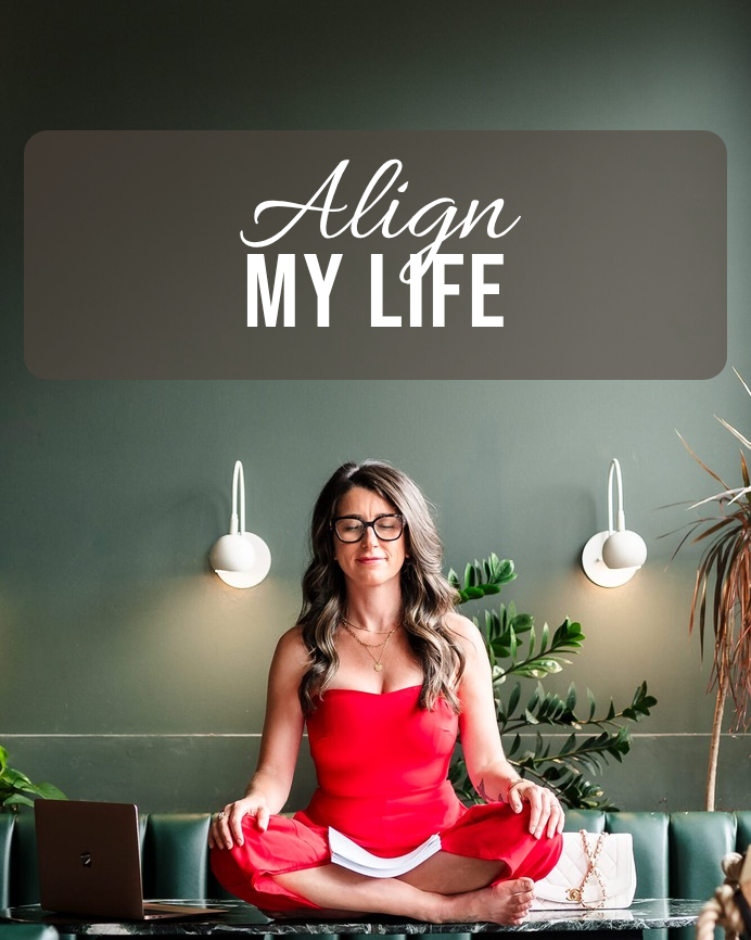 Shanna Ruth sitting cross-legged on a green café booth in a red dress, with the words Align My Life