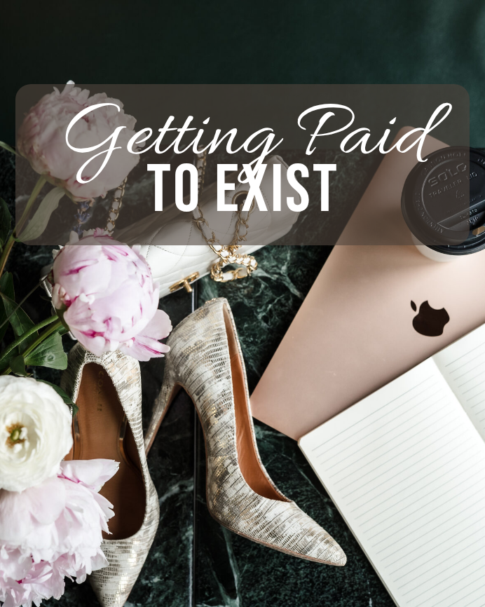 Flatlay of peonies, heels, a laptop and a notebook with the words Getting Paid to Exist, the free course from Shanna Ruth