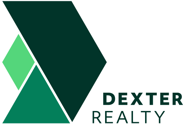 Logo for Dexter Realty with geometric shapes in shades of green and the company name.